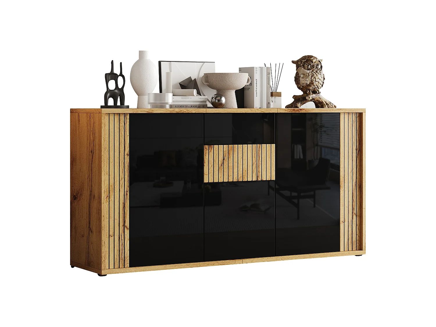 Modernt skåp 140x35x71 cm - 3 dörrar och 6 förvaringsfack - Vågmönster - Glansig finish - MDF - Svart + Natur