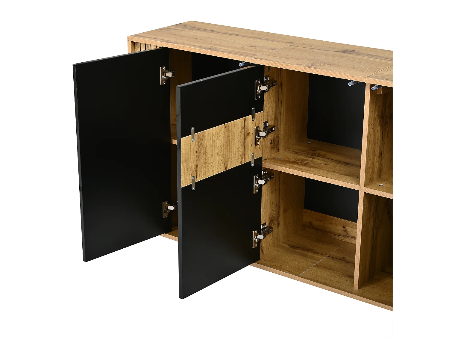 Modernt skåp 140x35x71 cm - 3 dörrar och 6 förvaringsfack - Vågmönster - Glansig finish - MDF - Svart + Natur