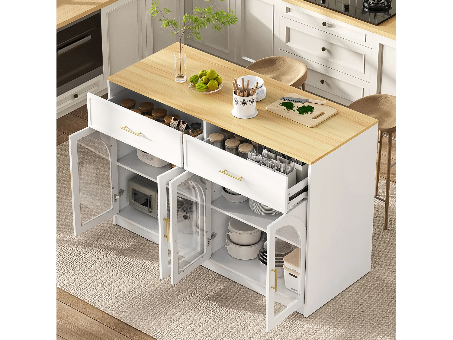 Îlot central de cuisine - avec 4 portes et 2 tiroirs - avec éclairage LED - étagère réglable - Blanc