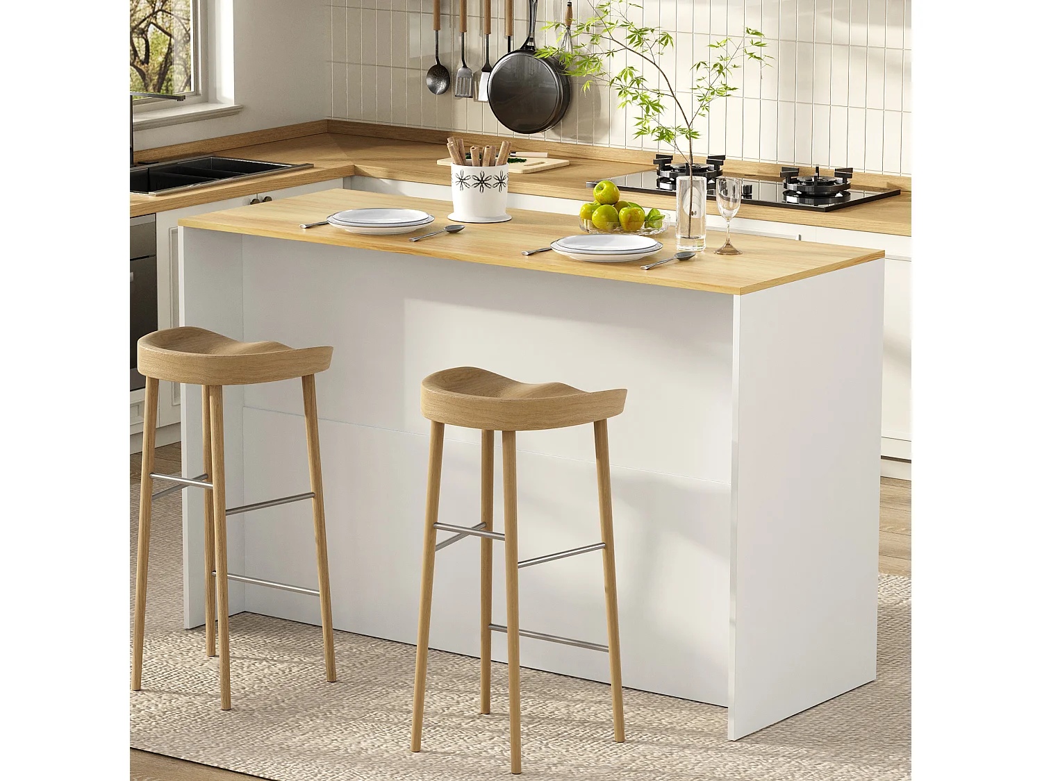 Îlot central de cuisine - avec 4 portes et 2 tiroirs - avec éclairage LED - étagère réglable - Blanc