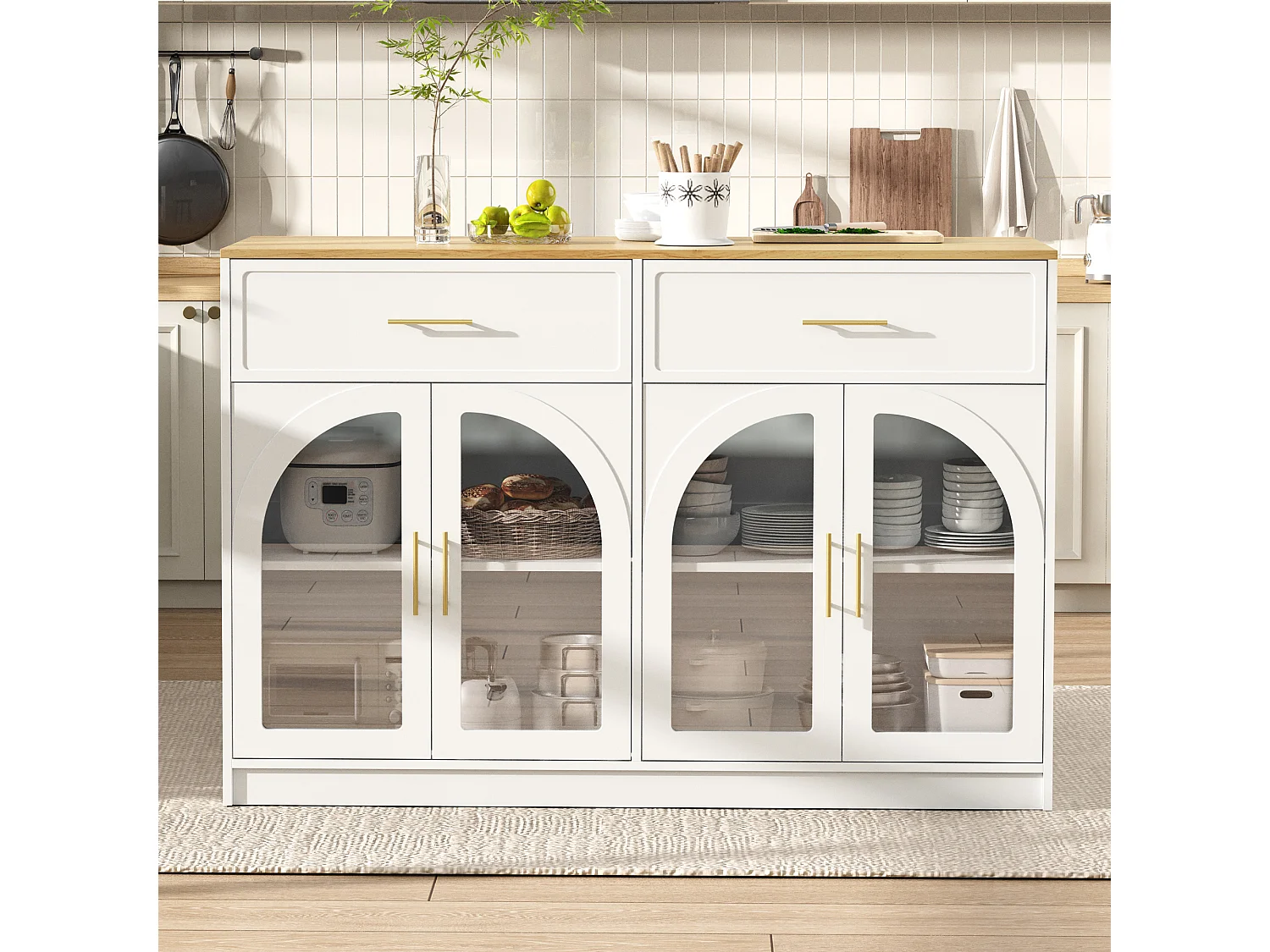 Îlot central de cuisine - avec 4 portes et 2 tiroirs - avec éclairage LED - étagère réglable - Blanc