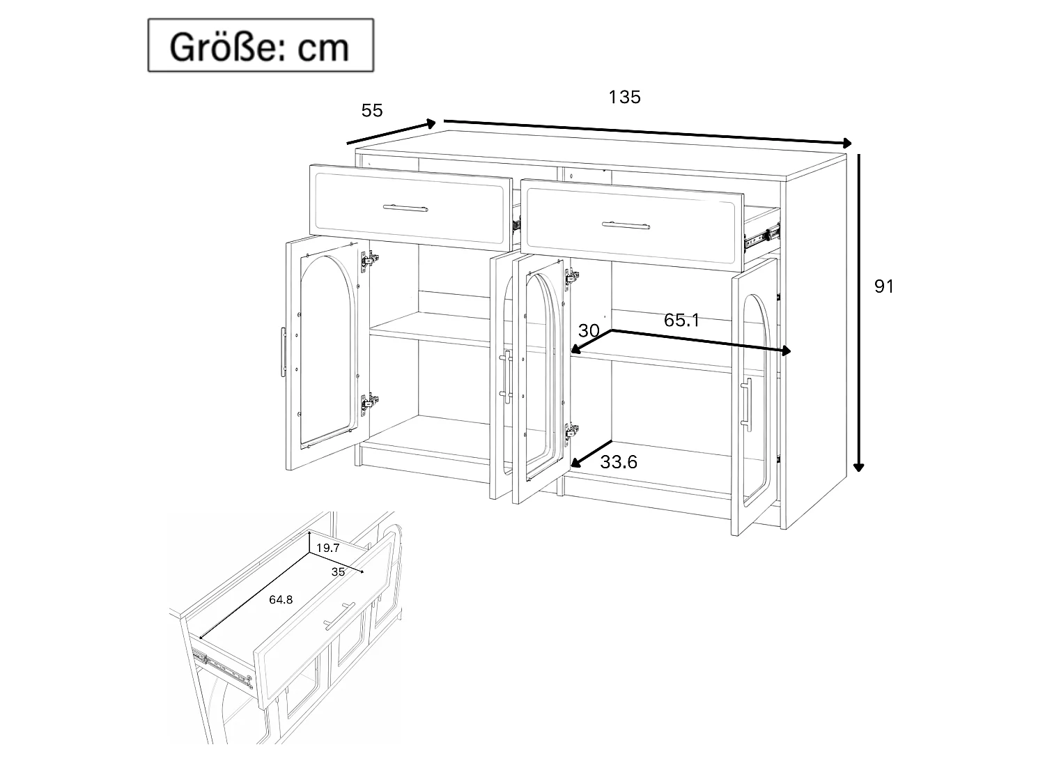 Îlot central de cuisine - avec 4 portes et 2 tiroirs - avec éclairage LED - étagère réglable - Blanc