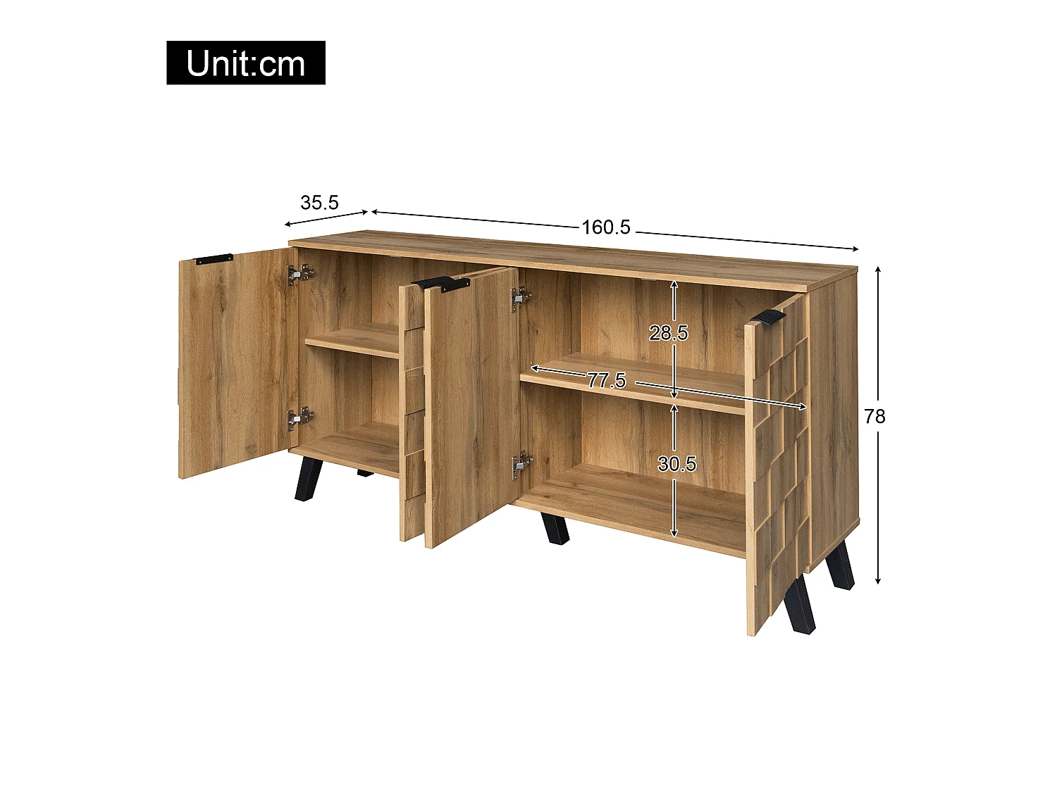 Buffet 160.5x35.5x78cm - avec 4 portes - en panneaux de particules - Naturel