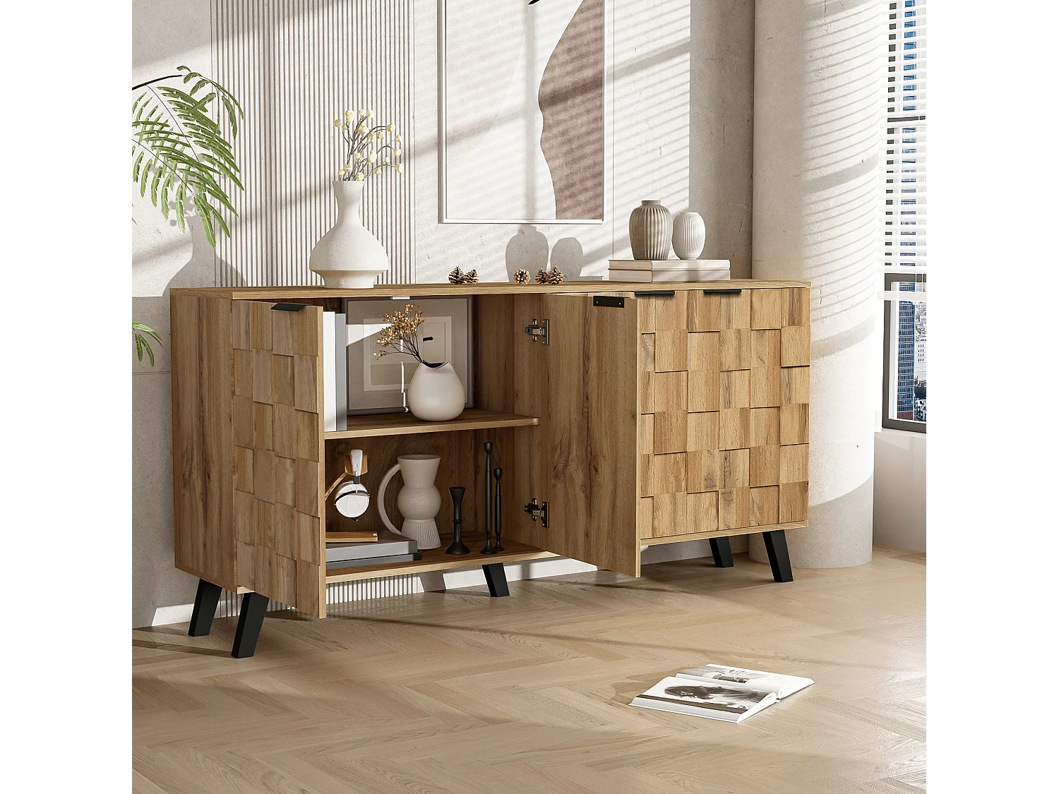 Buffet 160.5x35.5x78cm - avec 4 portes - en panneaux de particules - Naturel
