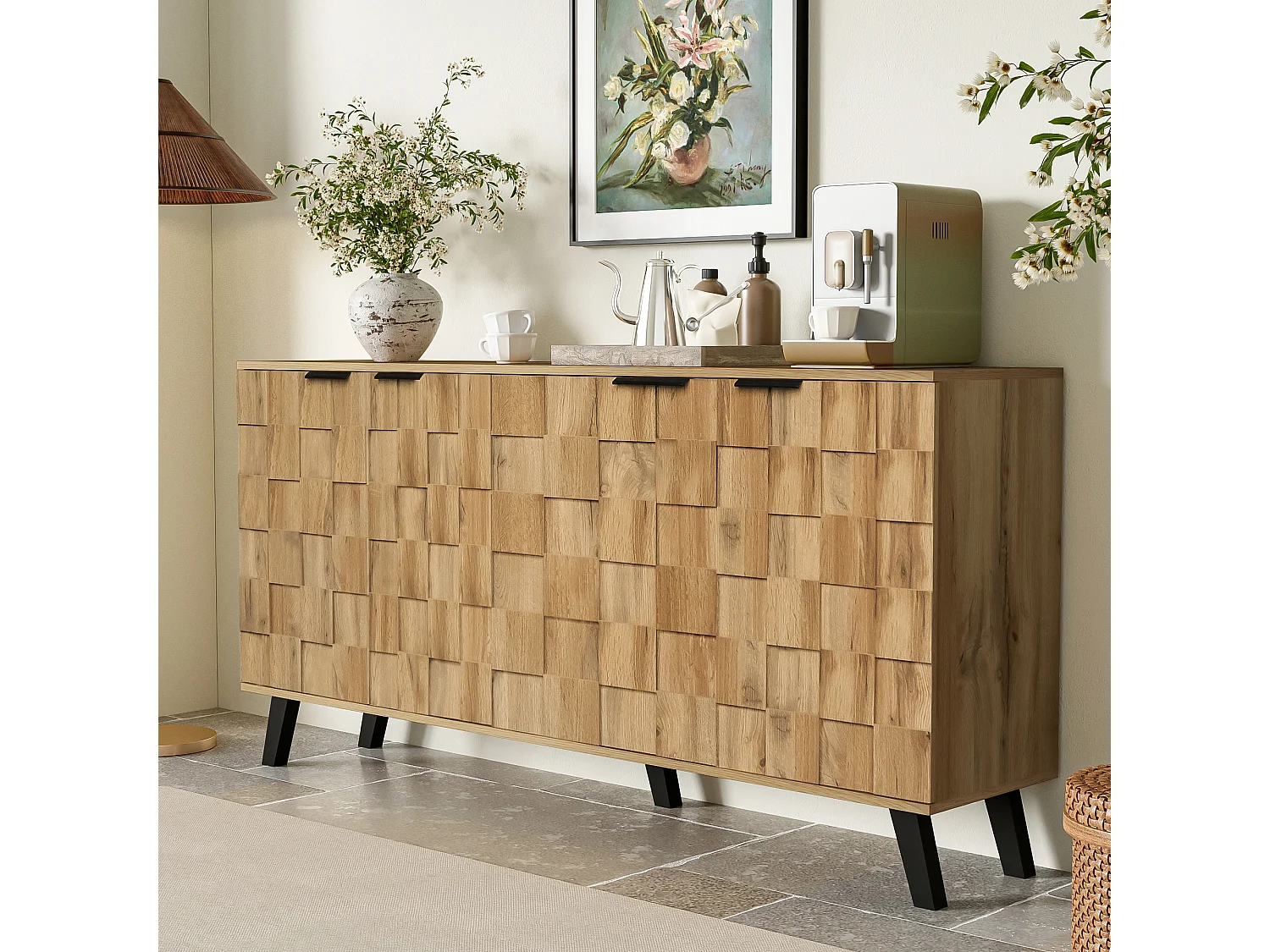 Buffet 160.5x35.5x78cm - avec 4 portes - en panneaux de particules - Naturel