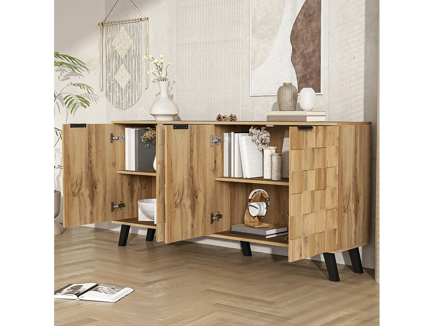 Buffet 160.5x35.5x78cm - avec 4 portes - en panneaux de particules - Naturel
