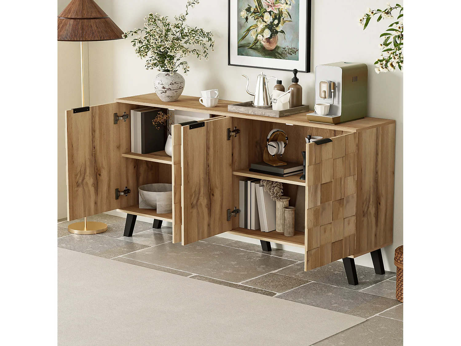 Buffet 160.5x35.5x78cm - avec 4 portes - en panneaux de particules - Naturel