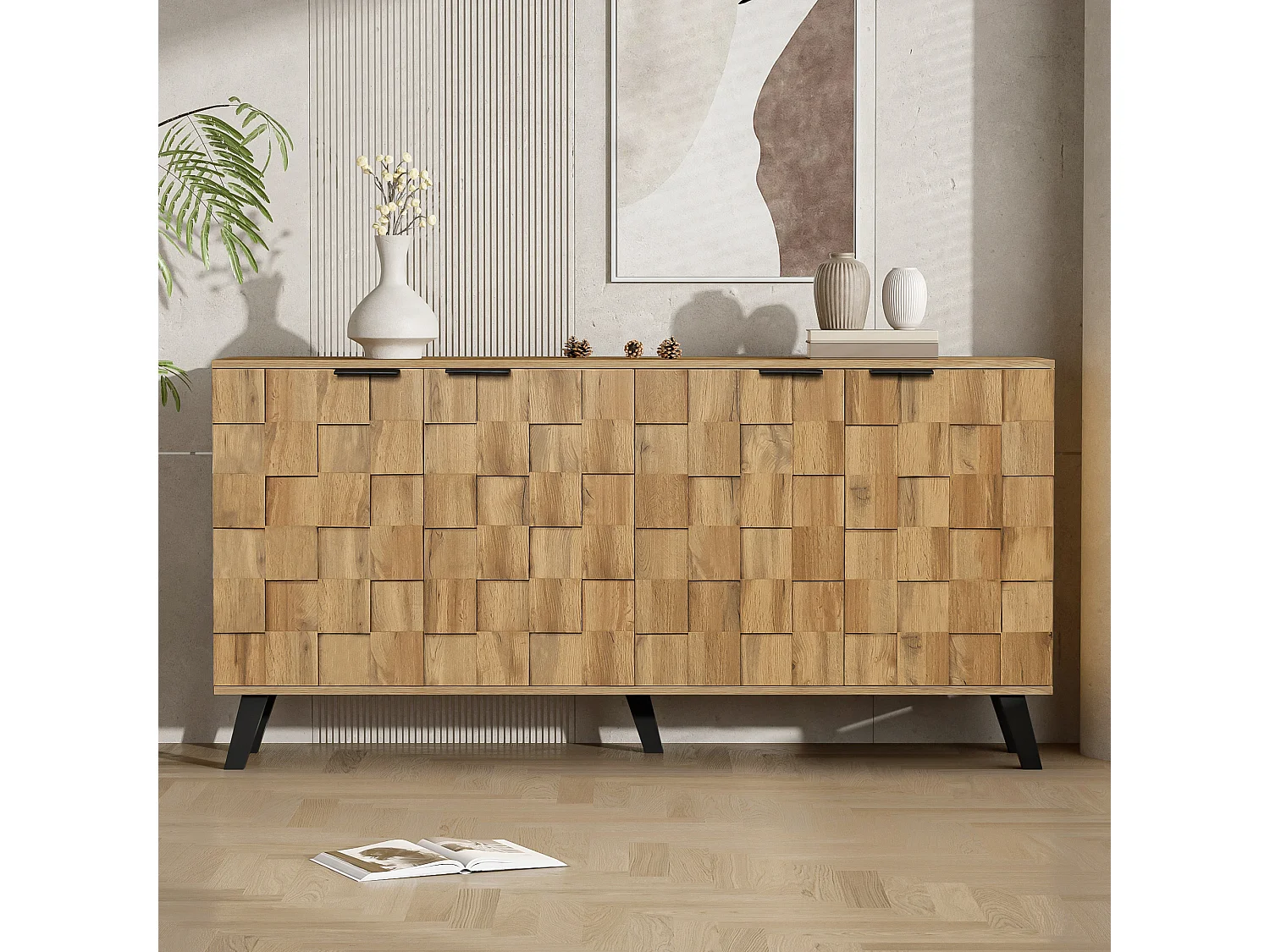 Buffet 160.5x35.5x78cm - avec 4 portes - en panneaux de particules - Naturel