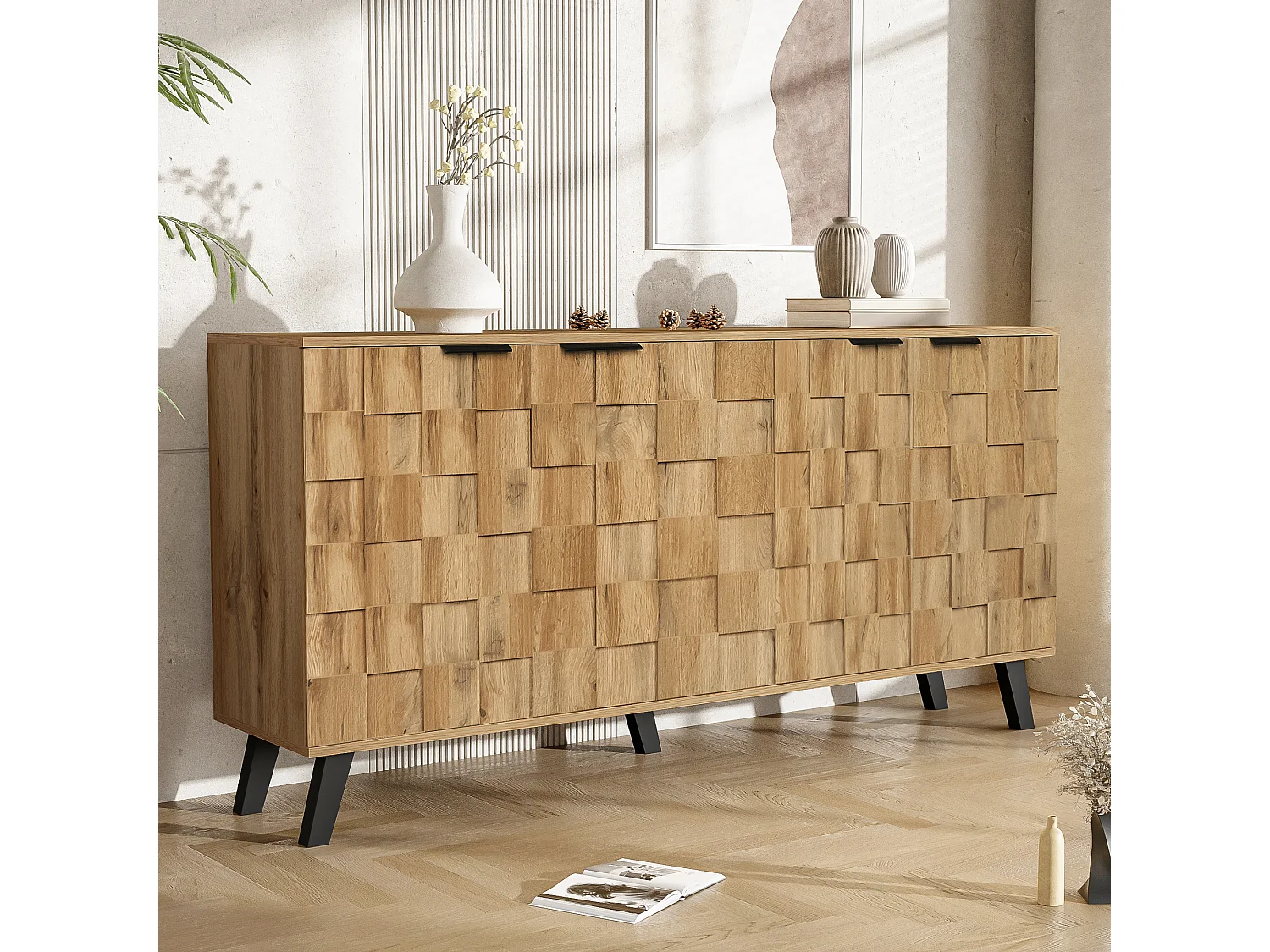 Buffet 160.5x35.5x78cm - avec 4 portes - en panneaux de particules - Naturel