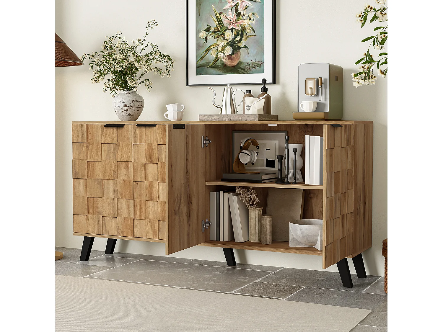 Buffet 160.5x35.5x78cm - avec 4 portes - en panneaux de particules - Naturel
