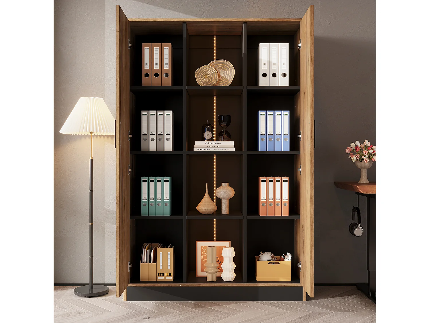 Display case, filing cabinet 95x35x160 cm - with LED lighting - 2 doors and open storage space - Natural and black color