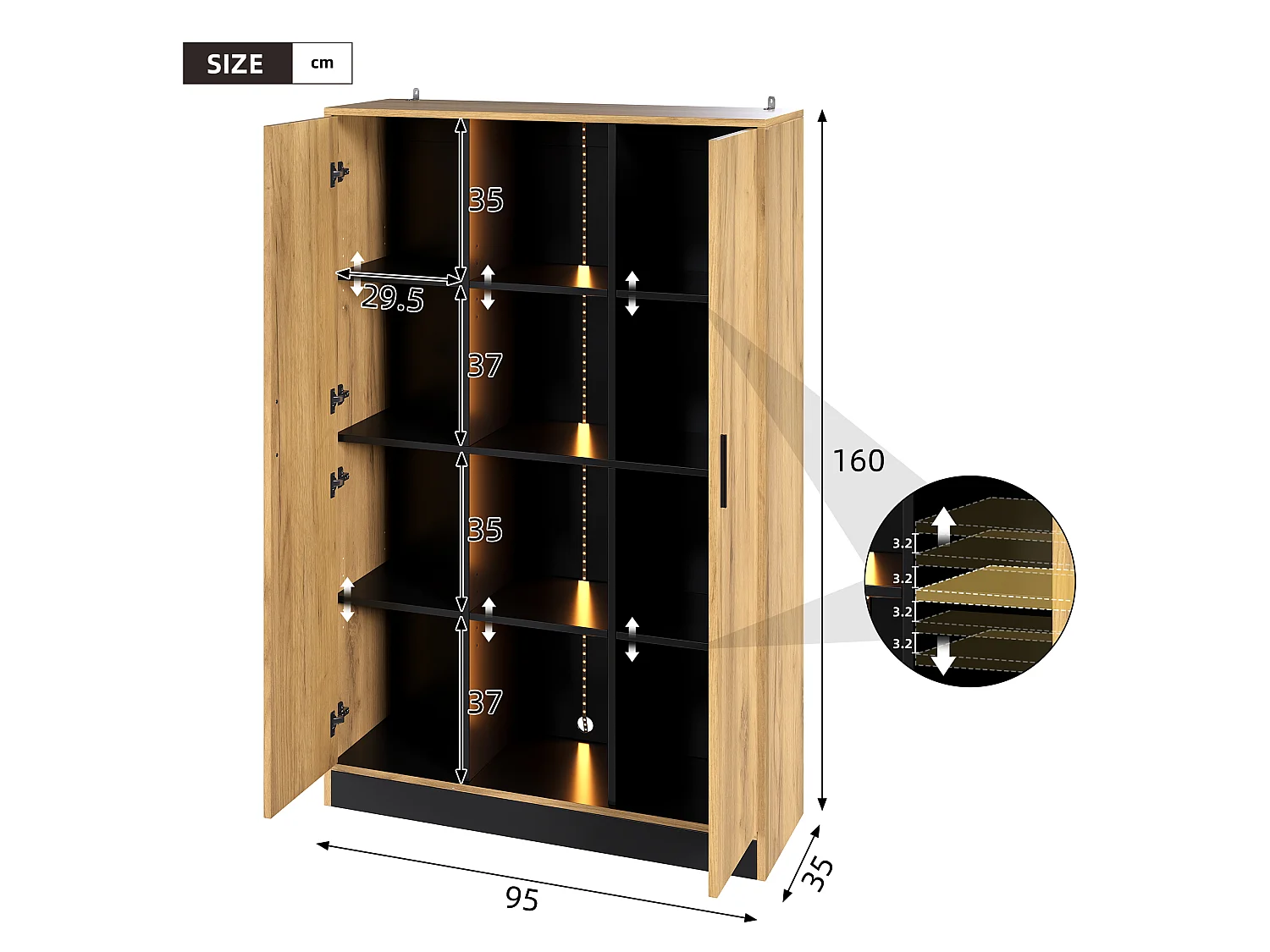 Display case, filing cabinet 95x35x160 cm - with LED lighting - 2 doors and open storage space - Natural and black color