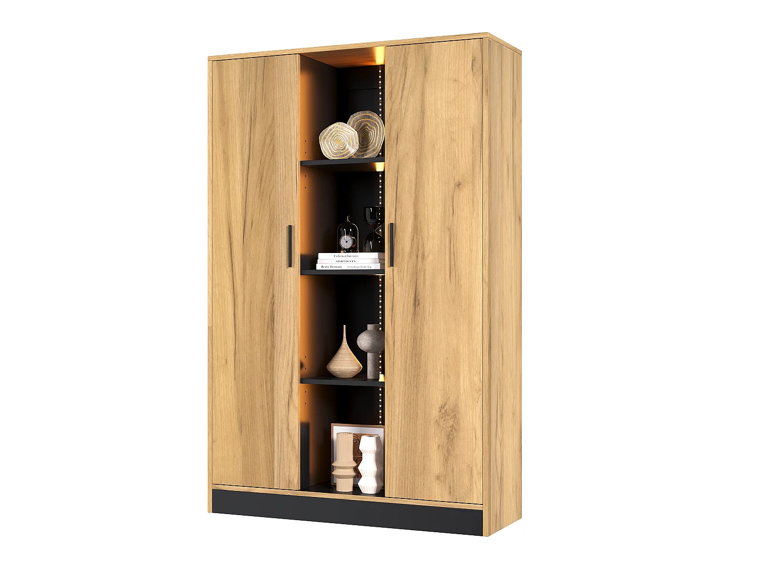 Display case, filing cabinet 95x35x160 cm - with LED lighting - 2 doors and open storage space - Natural and black color