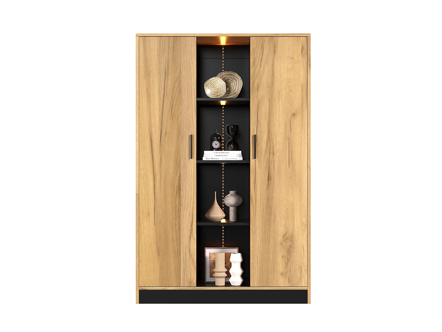 Display case, filing cabinet 95x35x160 cm - with LED lighting - 2 doors and open storage space - Natural and black color