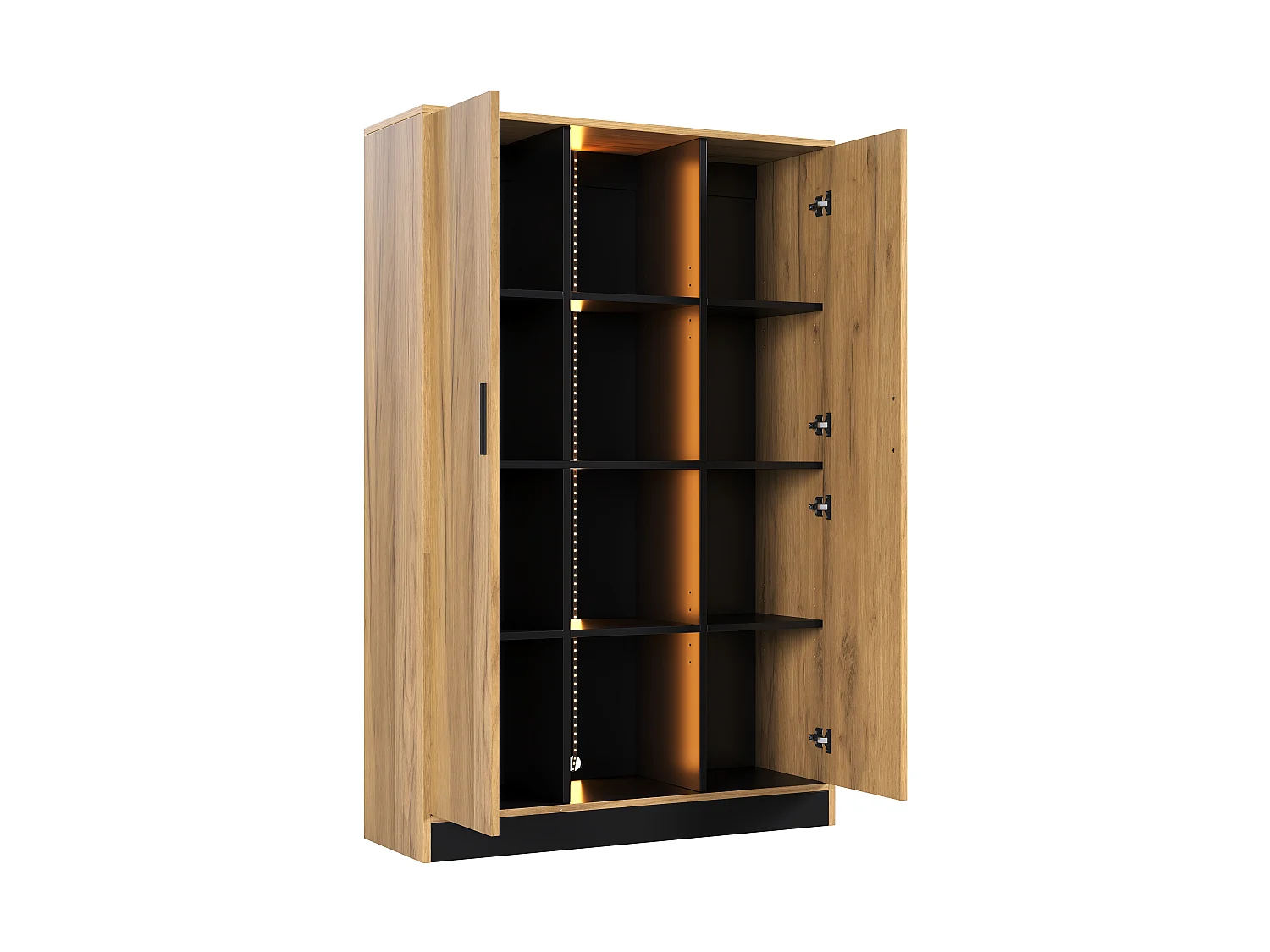 Display case, filing cabinet 95x35x160 cm - with LED lighting - 2 doors and open storage space - Natural and black color