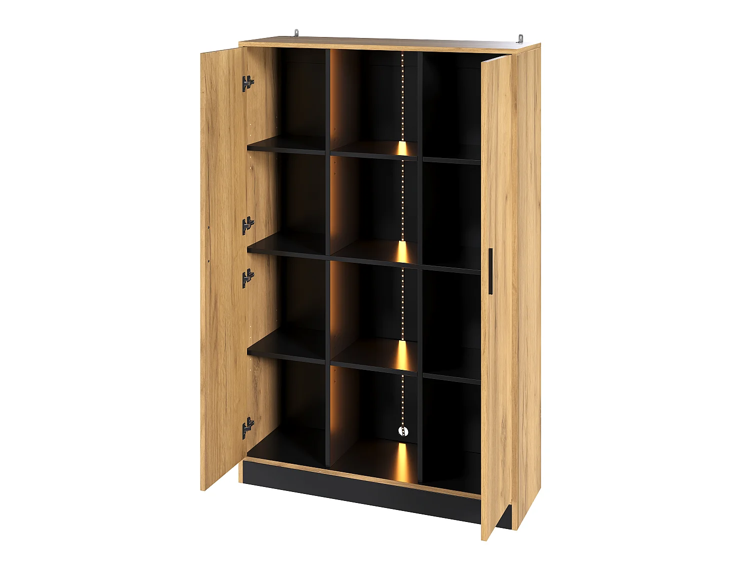 Display case, filing cabinet 95x35x160 cm - with LED lighting - 2 doors and open storage space - Natural and black color