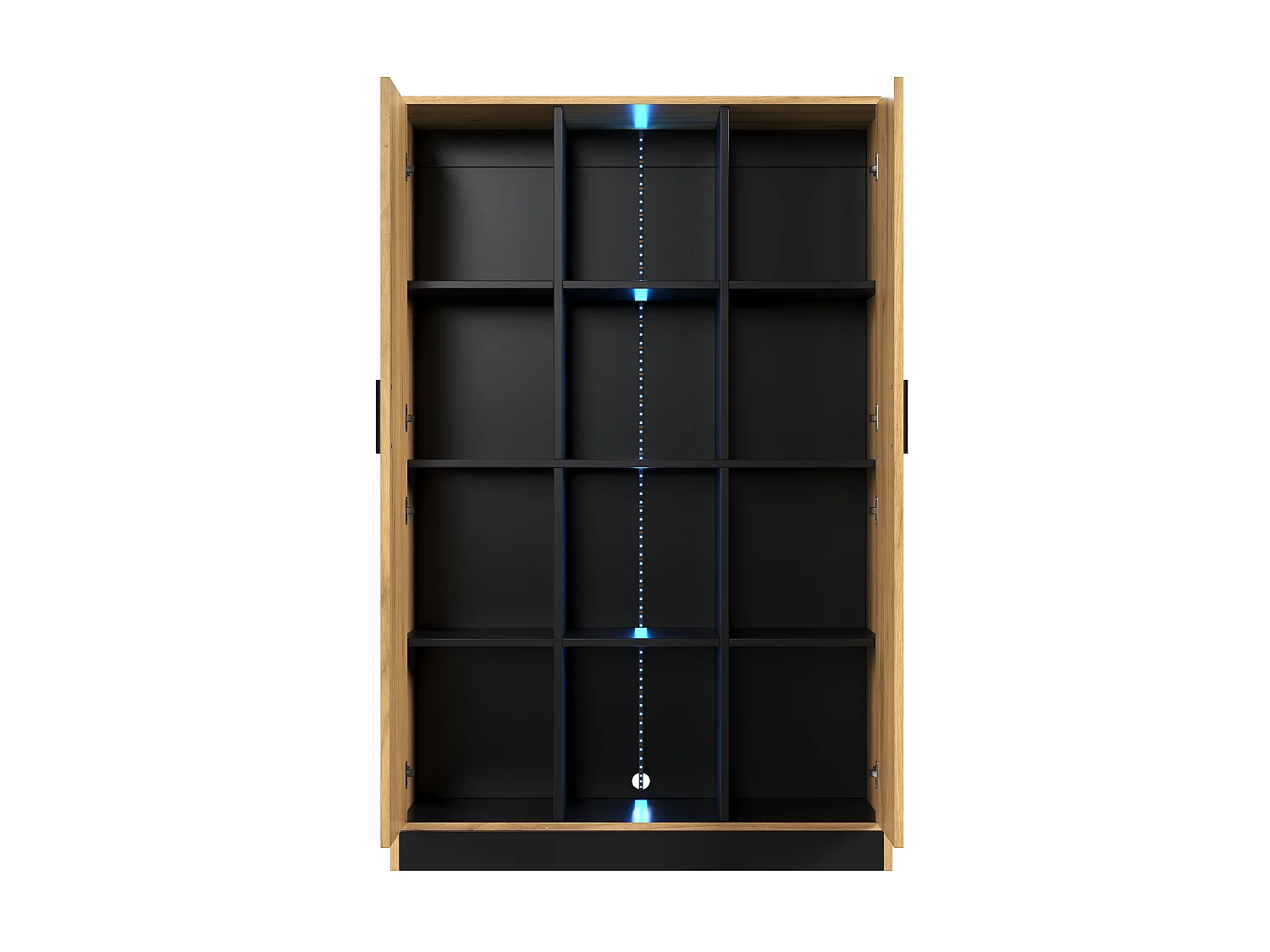 Display case, filing cabinet 95x35x160 cm - with LED lighting - 2 doors and open storage space - Natural and black color