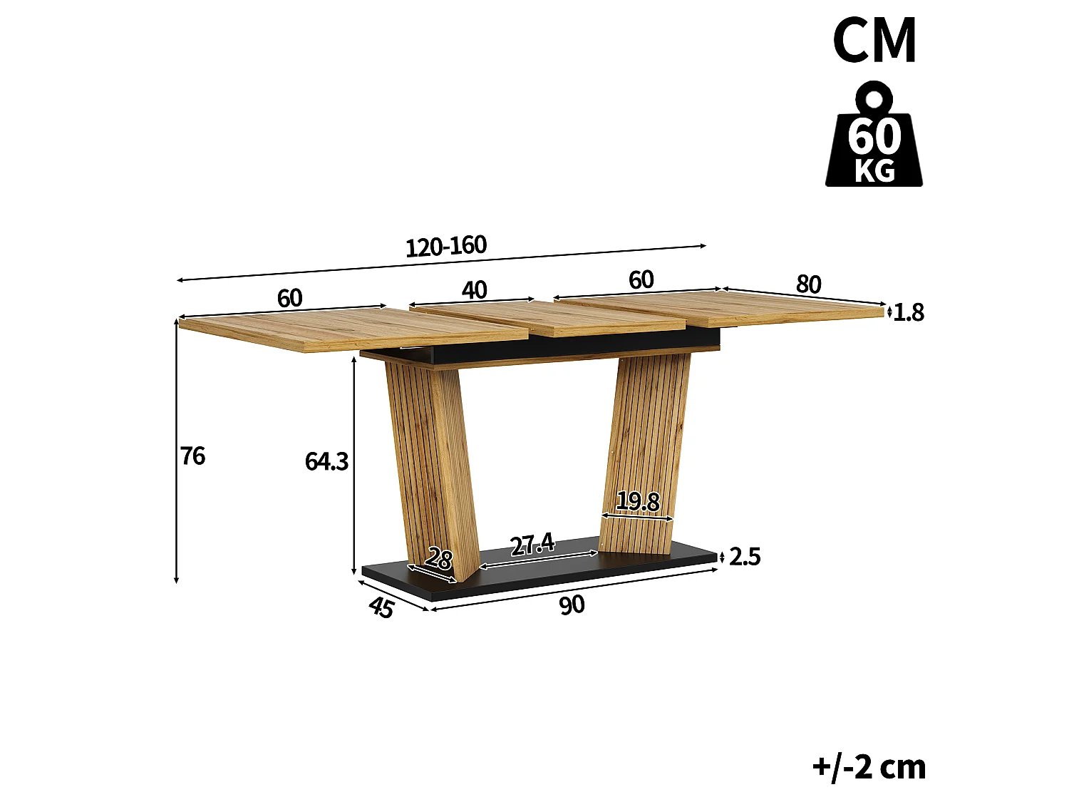 Table à Manger Rectangulaire Extensible 120-160cm - Table Gain de Place Aspect Bois avec Pieds Design, Style Moderne - Marron
