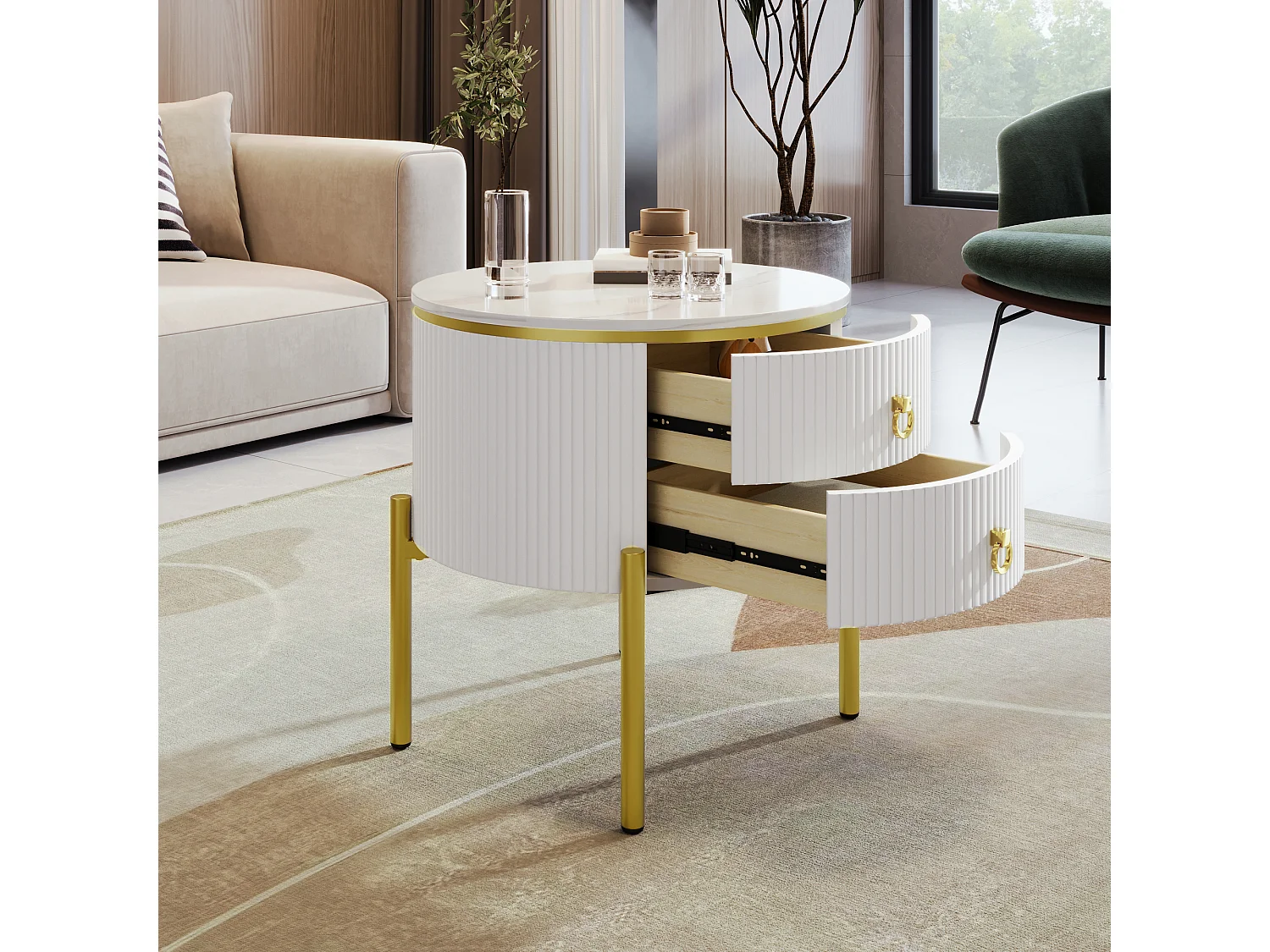 Couchtisch - mit 2 Schubladen - goldene Füße und Griffe - Weiß