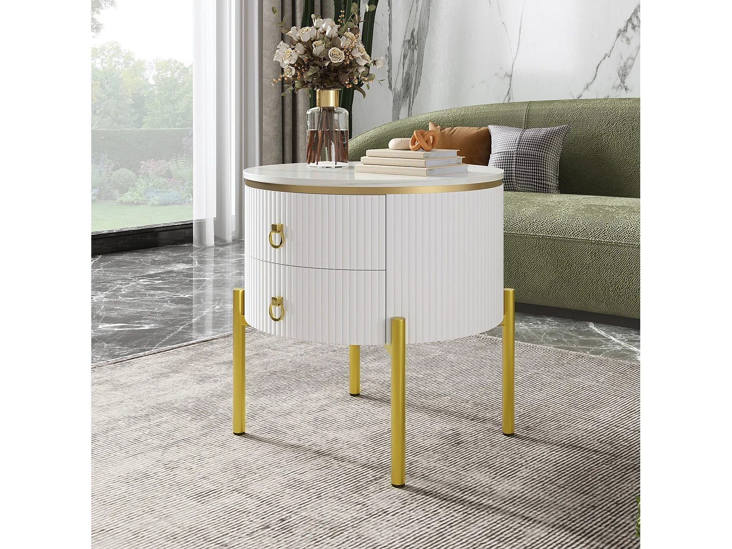 Couchtisch - mit 2 Schubladen - goldene Füße und Griffe - Weiß