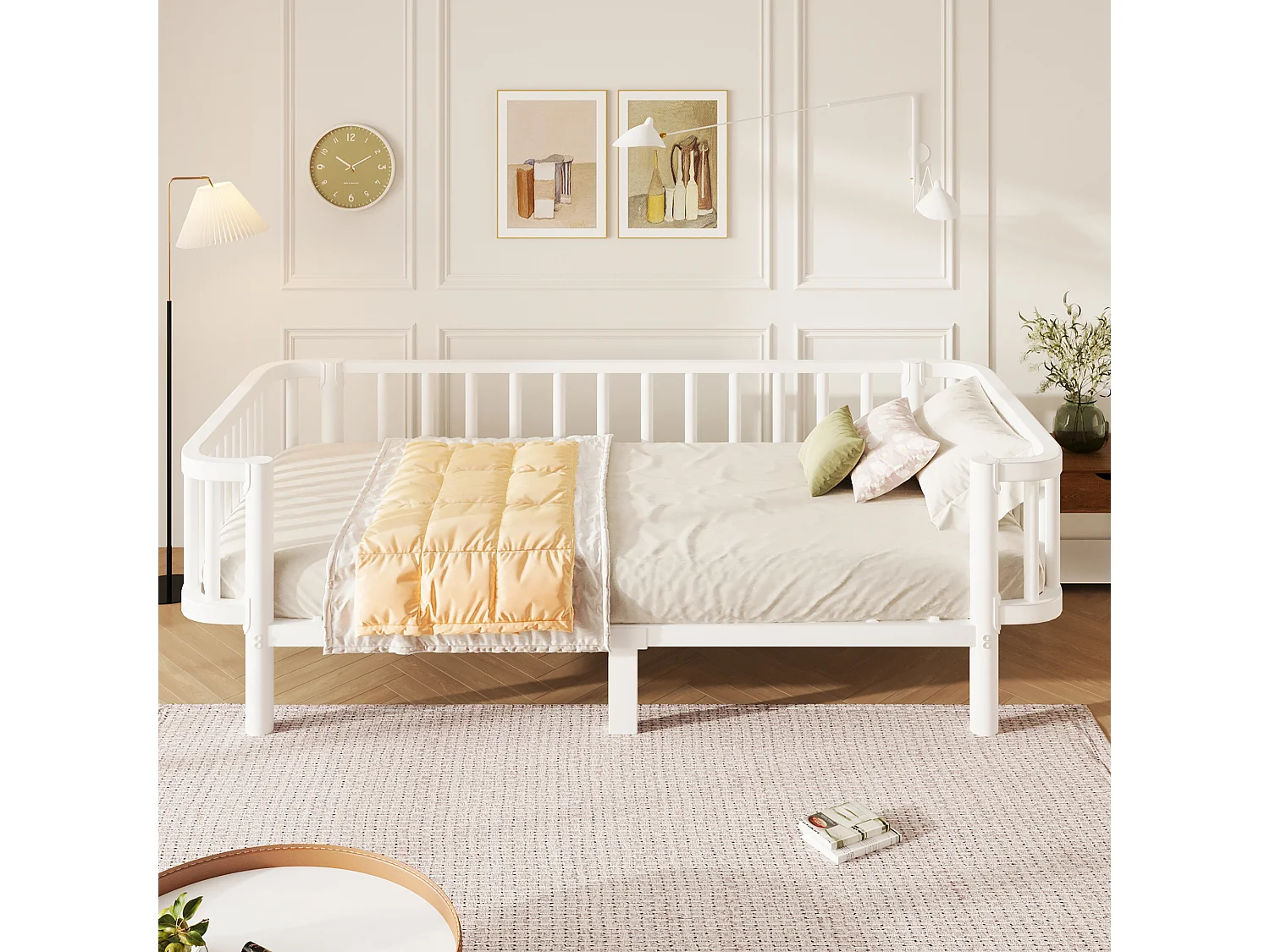 Canapé-lit en métal 90 x 200 cm - Structure robuste en acier - Sommier à lattes métalliques - Design moderne - Blanc (sans matelas)