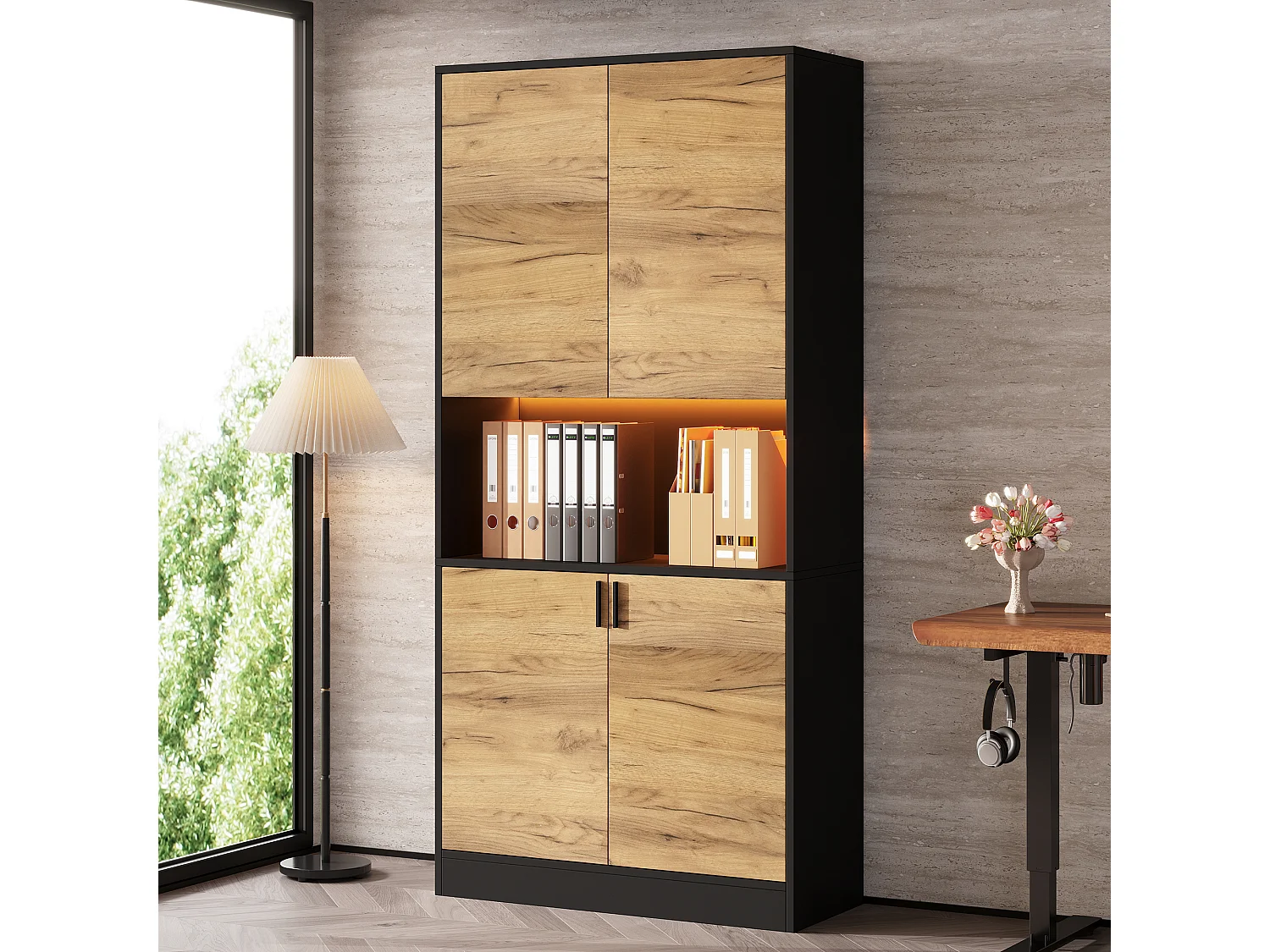 High cabinet, file cabinet 80x35x180 cm - with LED lighting - 4 doors and adjustable shelves - Open shelves - Natural + Black