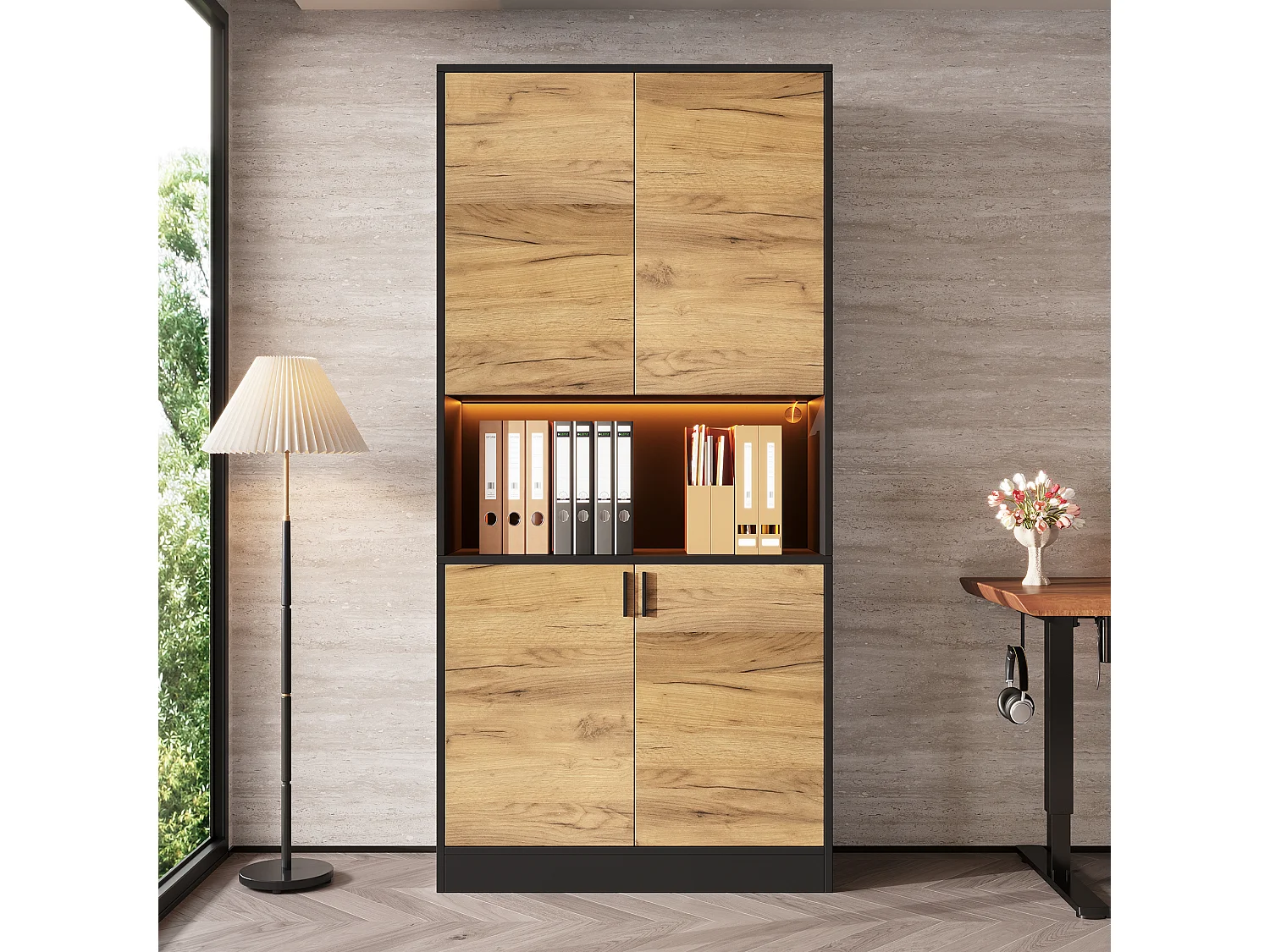High cabinet, file cabinet 80x35x180 cm - with LED lighting - 4 doors and adjustable shelves - Open shelves - Natural + Black