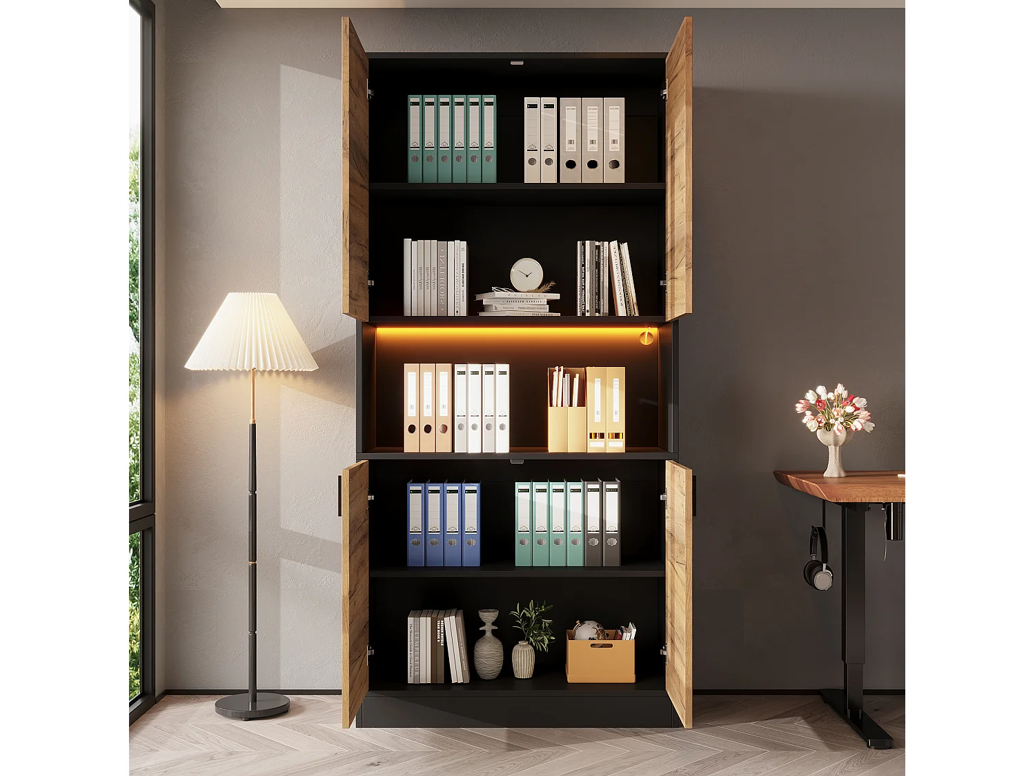High cabinet, file cabinet 80x35x180 cm - with LED lighting - 4 doors and adjustable shelves - Open shelves - Natural + Black