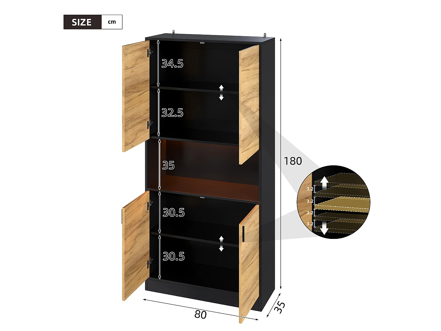 High cabinet, file cabinet 80x35x180 cm - with LED lighting - 4 doors and adjustable shelves - Open shelves - Natural + Black
