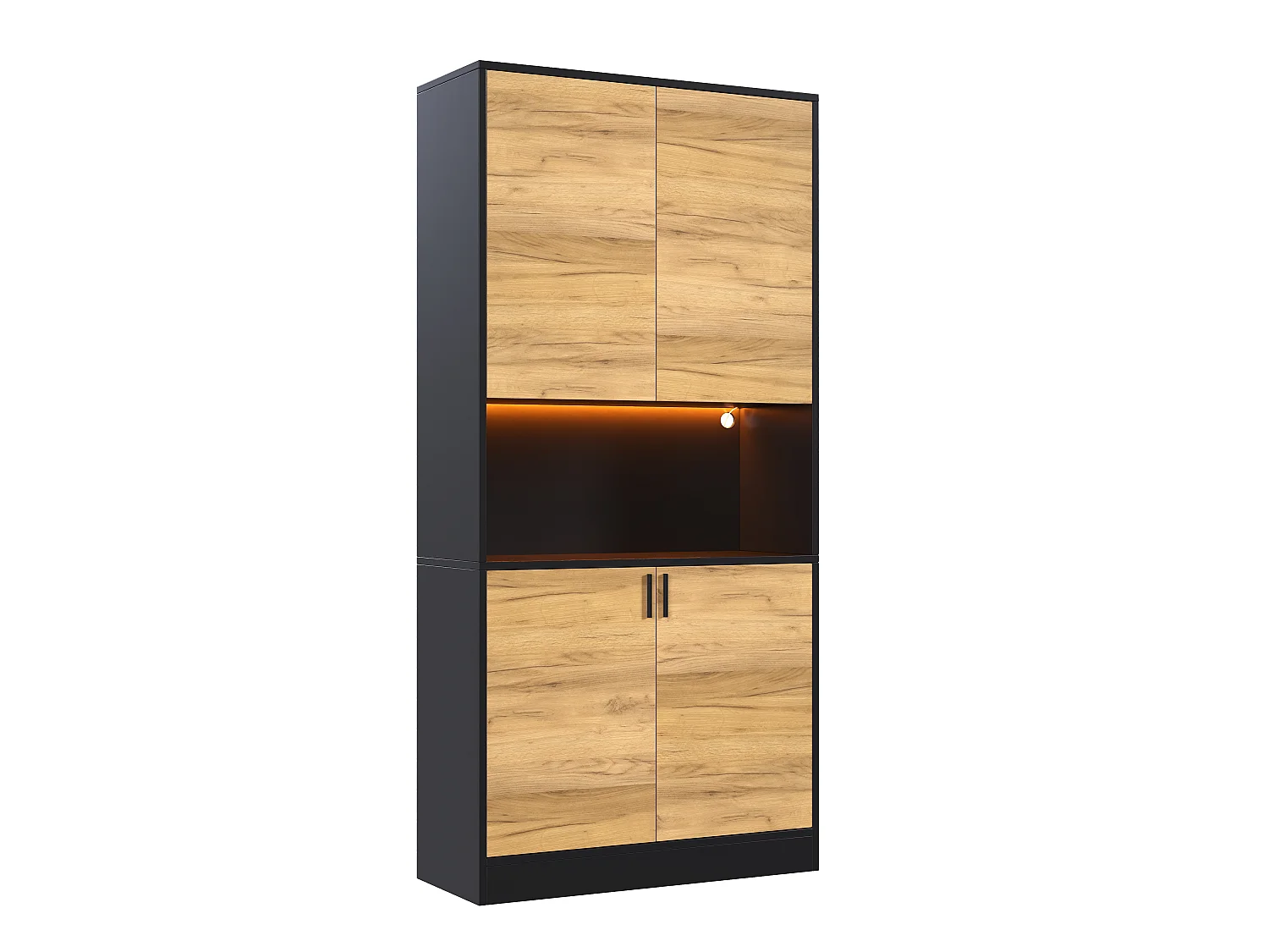 High cabinet, file cabinet 80x35x180 cm - with LED lighting - 4 doors and adjustable shelves - Open shelves - Natural + Black