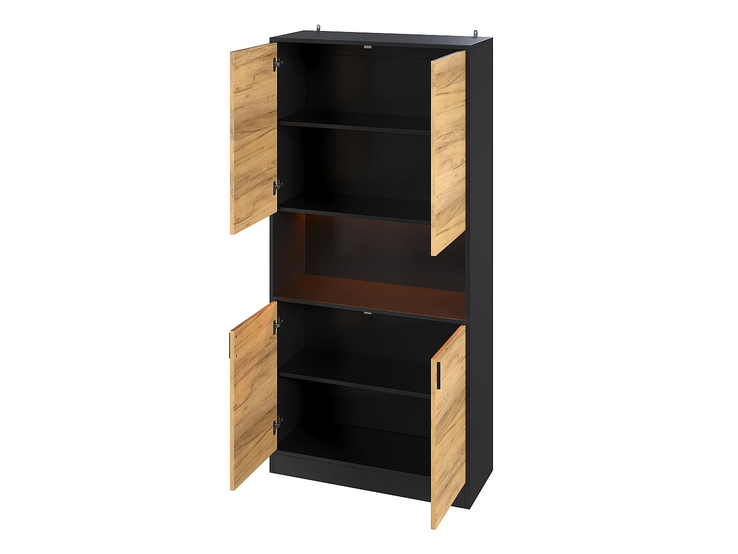 High cabinet, file cabinet 80x35x180 cm - with LED lighting - 4 doors and adjustable shelves - Open shelves - Natural + Black
