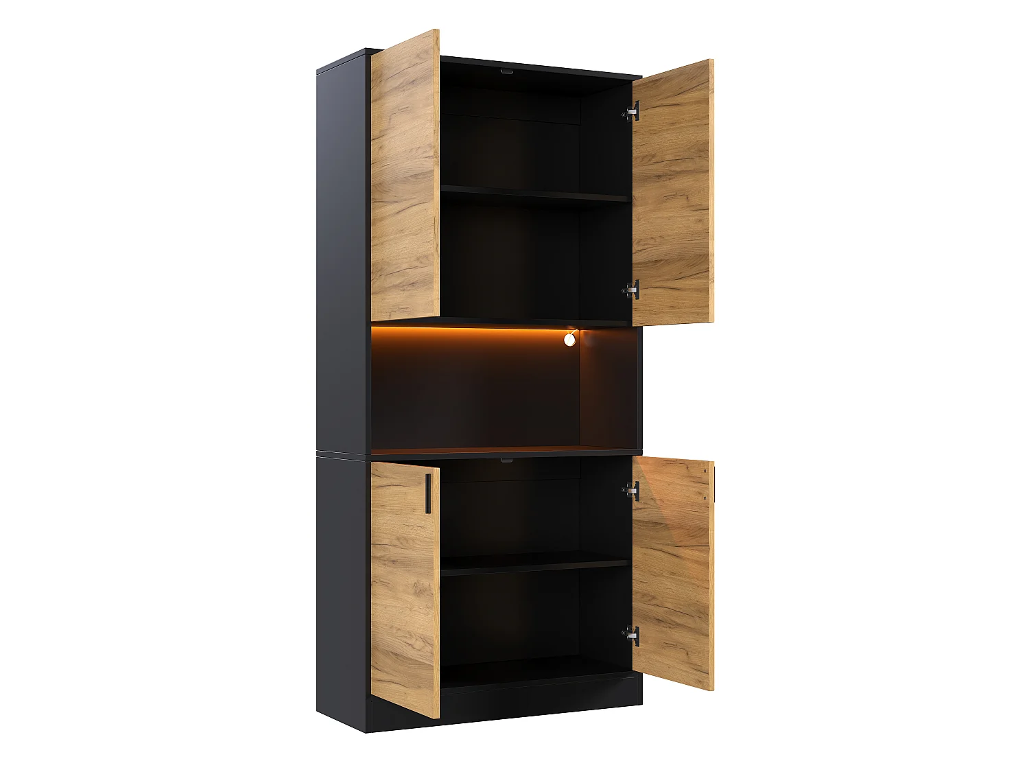 High cabinet, file cabinet 80x35x180 cm - with LED lighting - 4 doors and adjustable shelves - Open shelves - Natural + Black