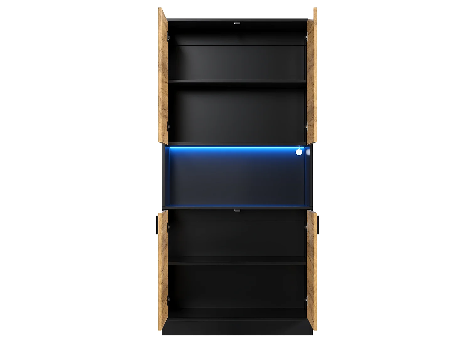 High cabinet, file cabinet 80x35x180 cm - with LED lighting - 4 doors and adjustable shelves - Open shelves - Natural + Black