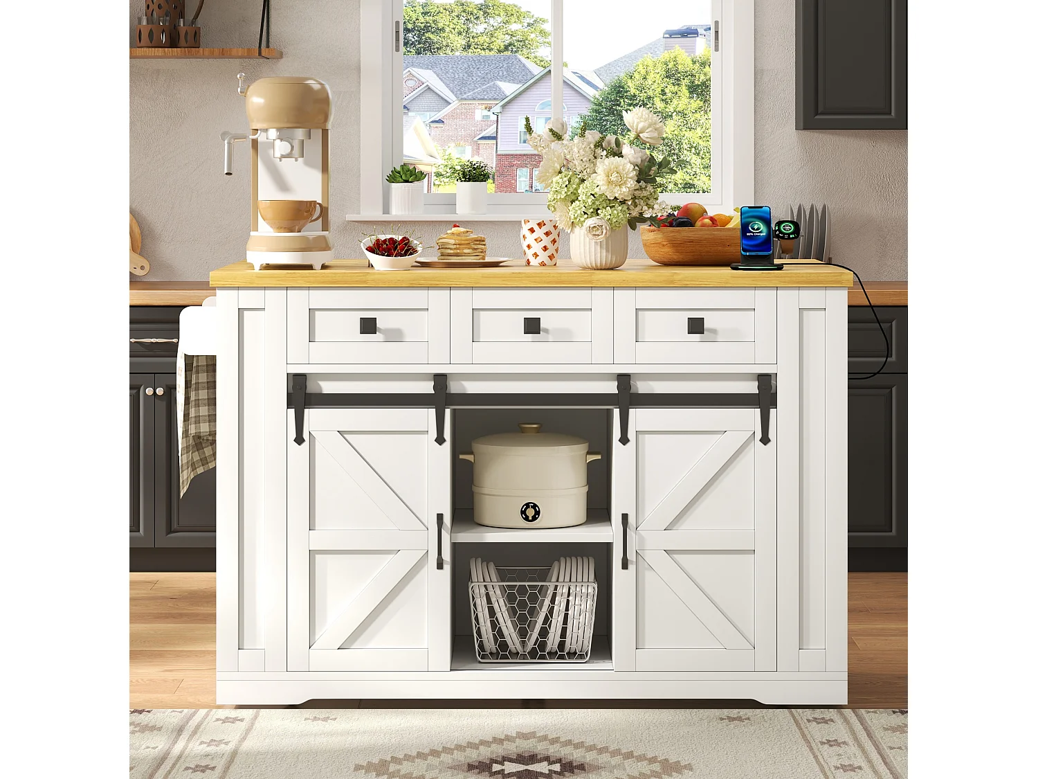Isla central de cocina móvil - mesa de comedor plegable - con 2 puertas corredizas y 3 cajones - con enchufe - Blanco