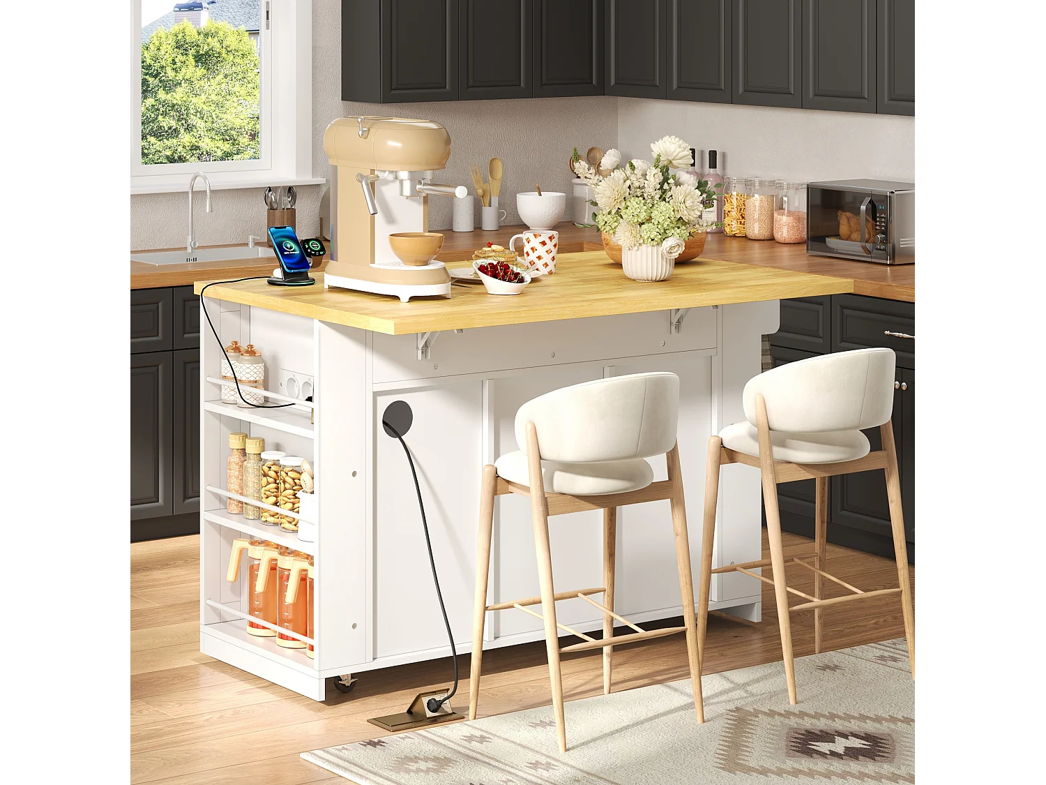 Isla central de cocina móvil - mesa de comedor plegable - con 2 puertas corredizas y 3 cajones - con enchufe - Blanco
