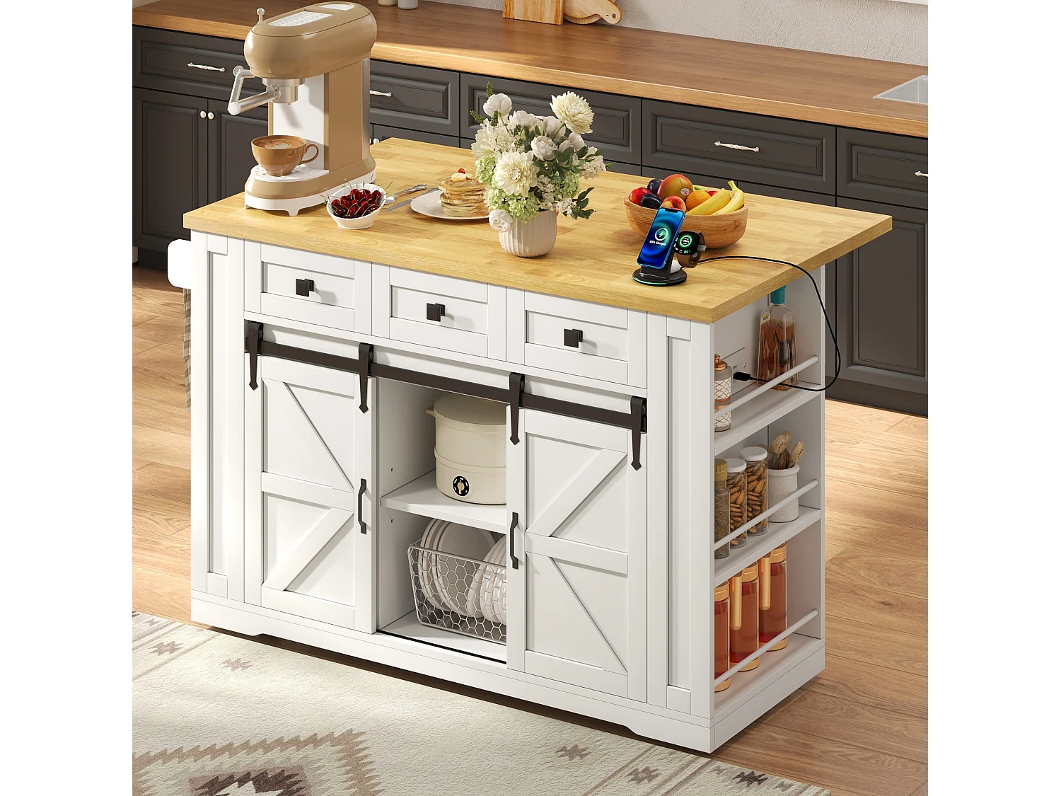 Isla central de cocina móvil - mesa de comedor plegable - con 2 puertas corredizas y 3 cajones - con enchufe - Blanco