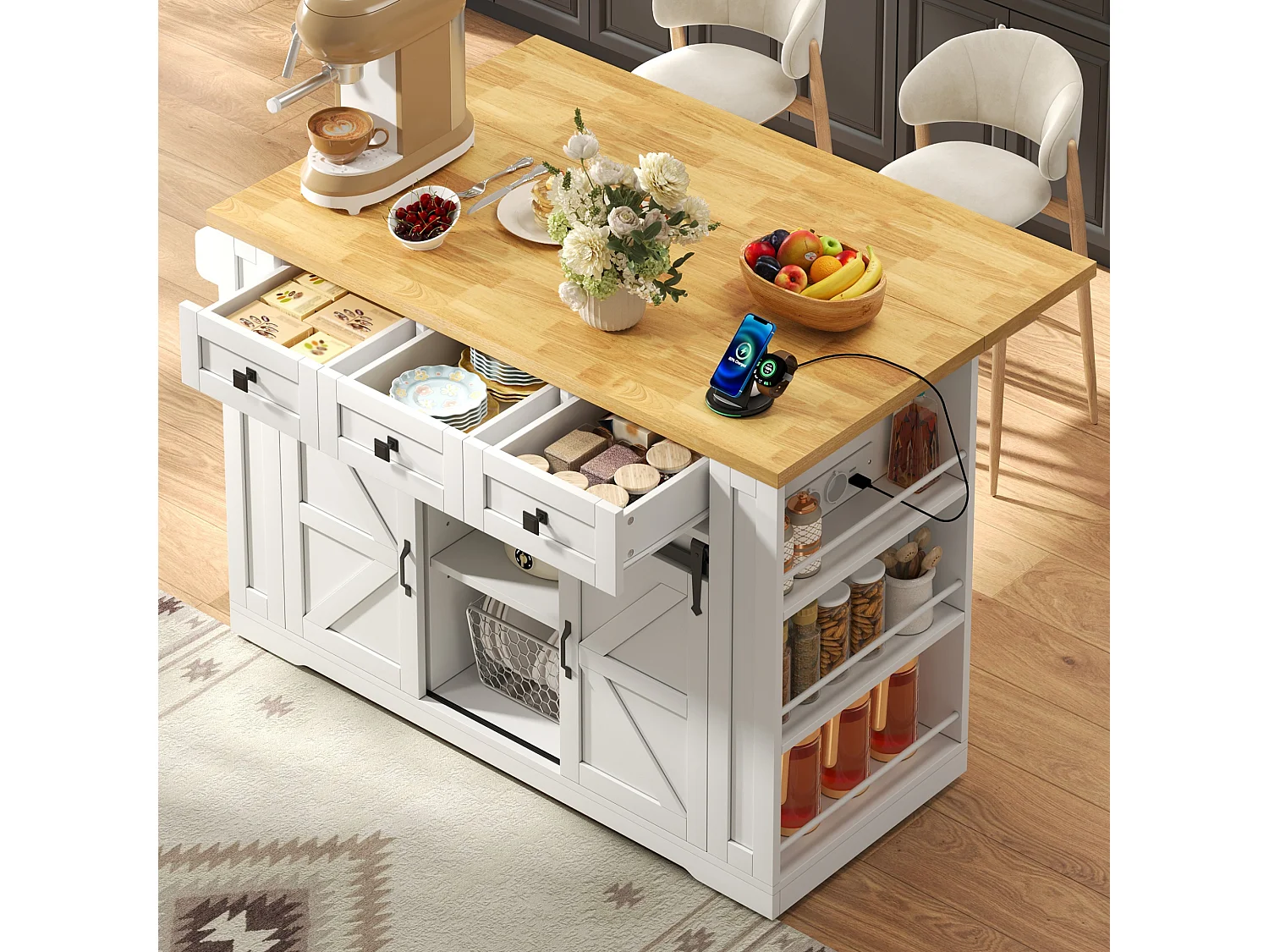 Isla central de cocina móvil - mesa de comedor plegable - con 2 puertas corredizas y 3 cajones - con enchufe - Blanco