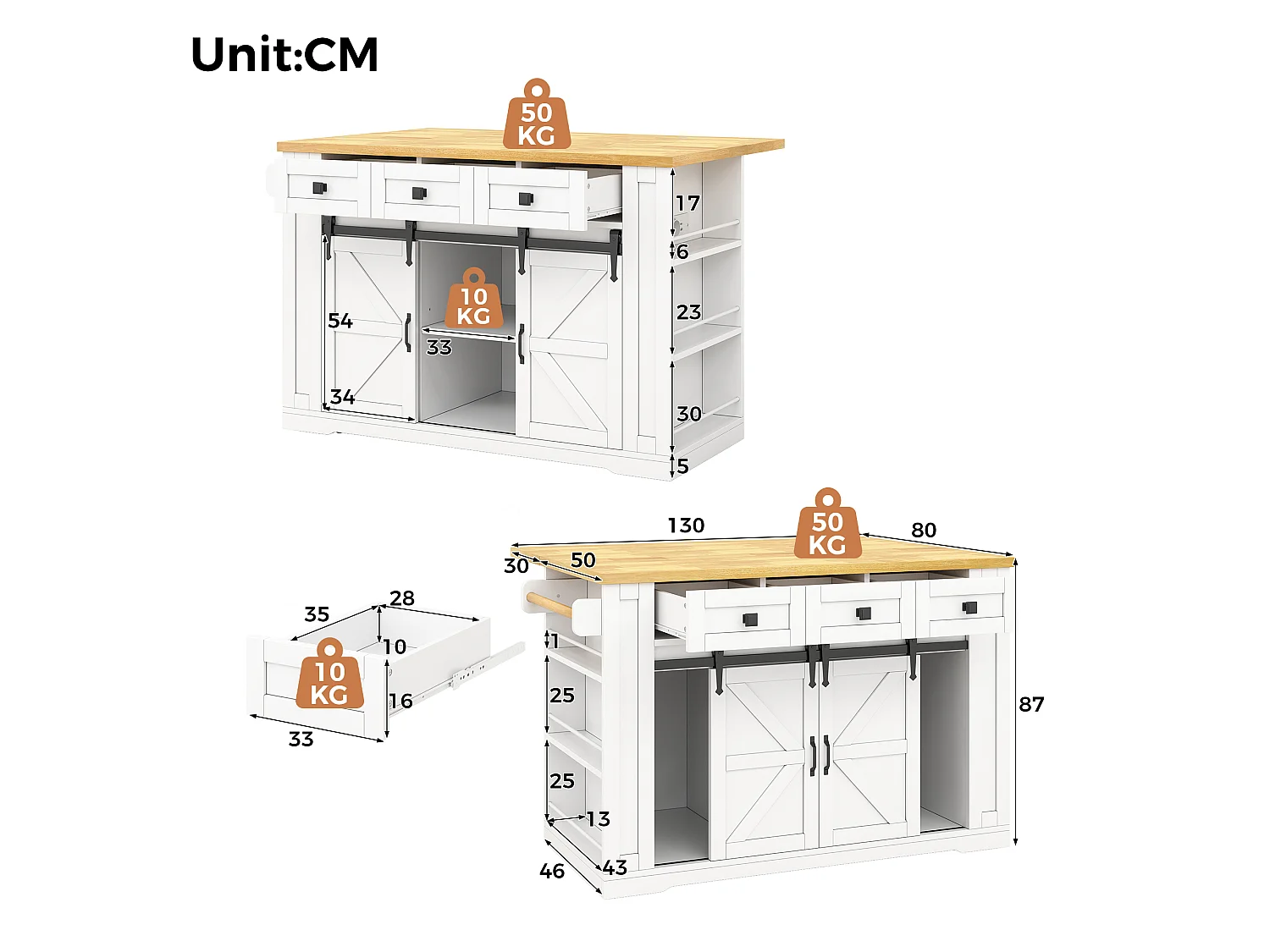 Isla central de cocina móvil - mesa de comedor plegable - con 2 puertas corredizas y 3 cajones - con enchufe - Blanco