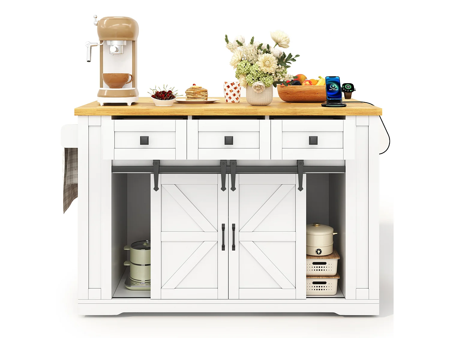 Isla central de cocina móvil - mesa de comedor plegable - con 2 puertas corredizas y 3 cajones - con enchufe - Blanco
