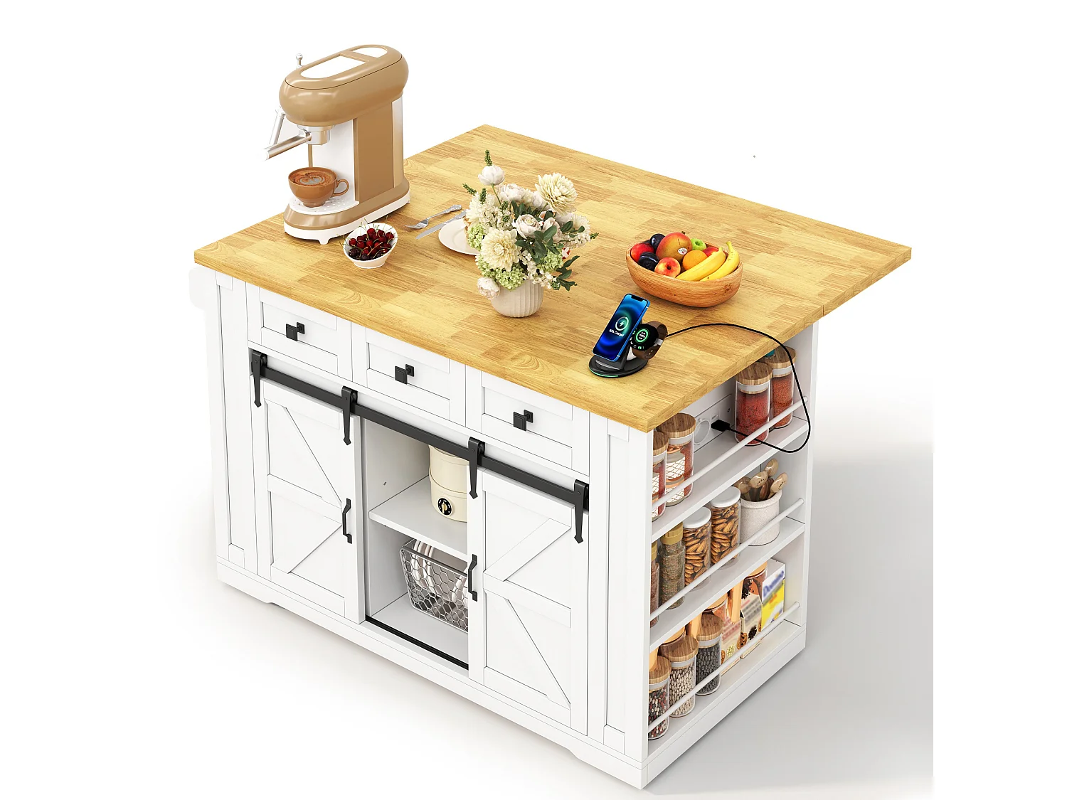 Isla central de cocina móvil - mesa de comedor plegable - con 2 puertas corredizas y 3 cajones - con enchufe - Blanco