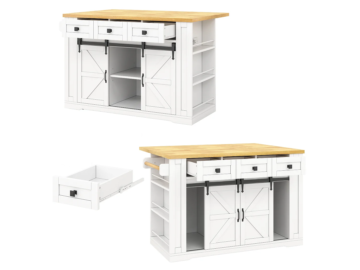 Isla central de cocina móvil - mesa de comedor plegable - con 2 puertas corredizas y 3 cajones - con enchufe - Blanco