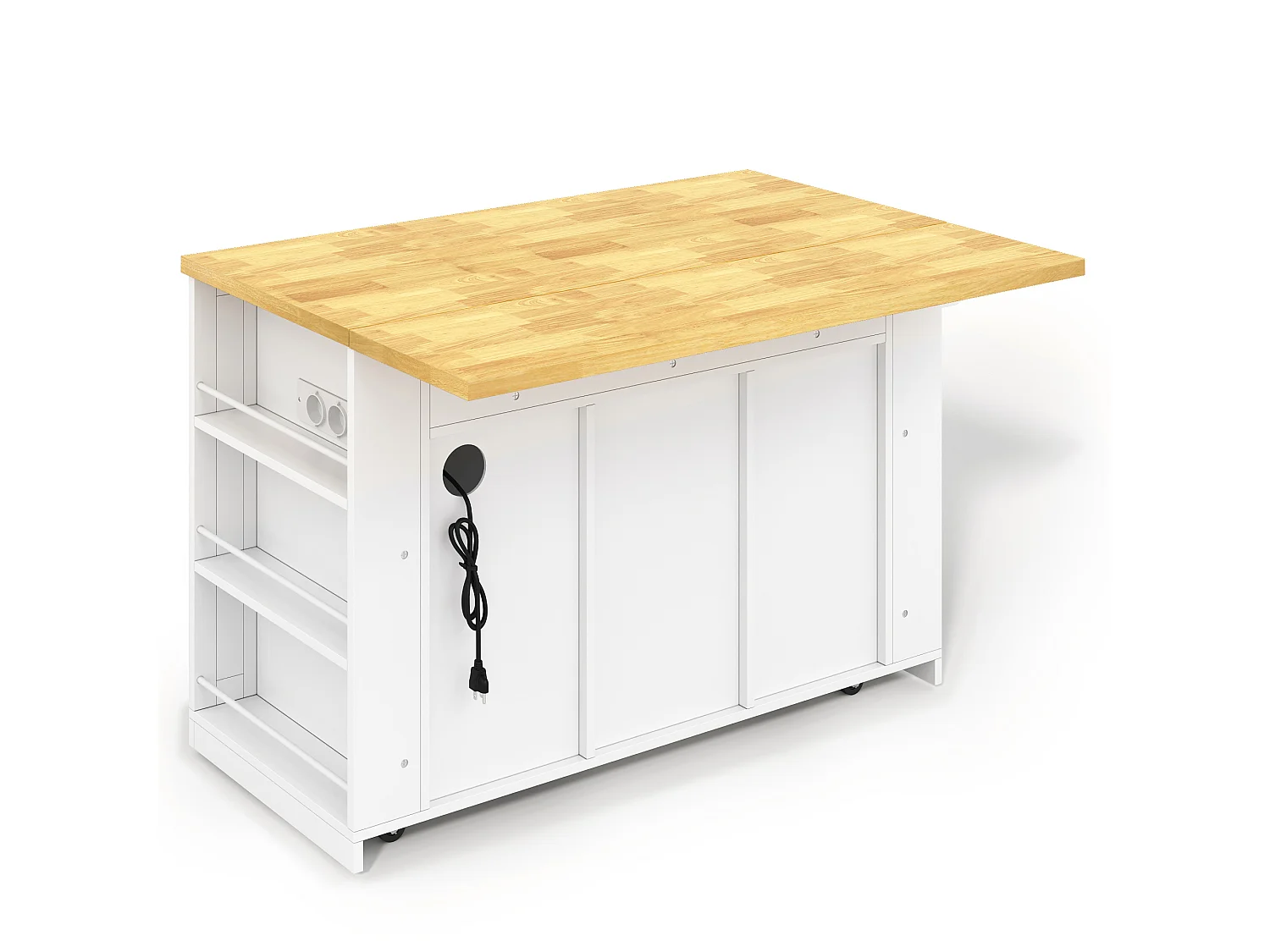 Isla central de cocina móvil - mesa de comedor plegable - con 2 puertas corredizas y 3 cajones - con enchufe - Blanco