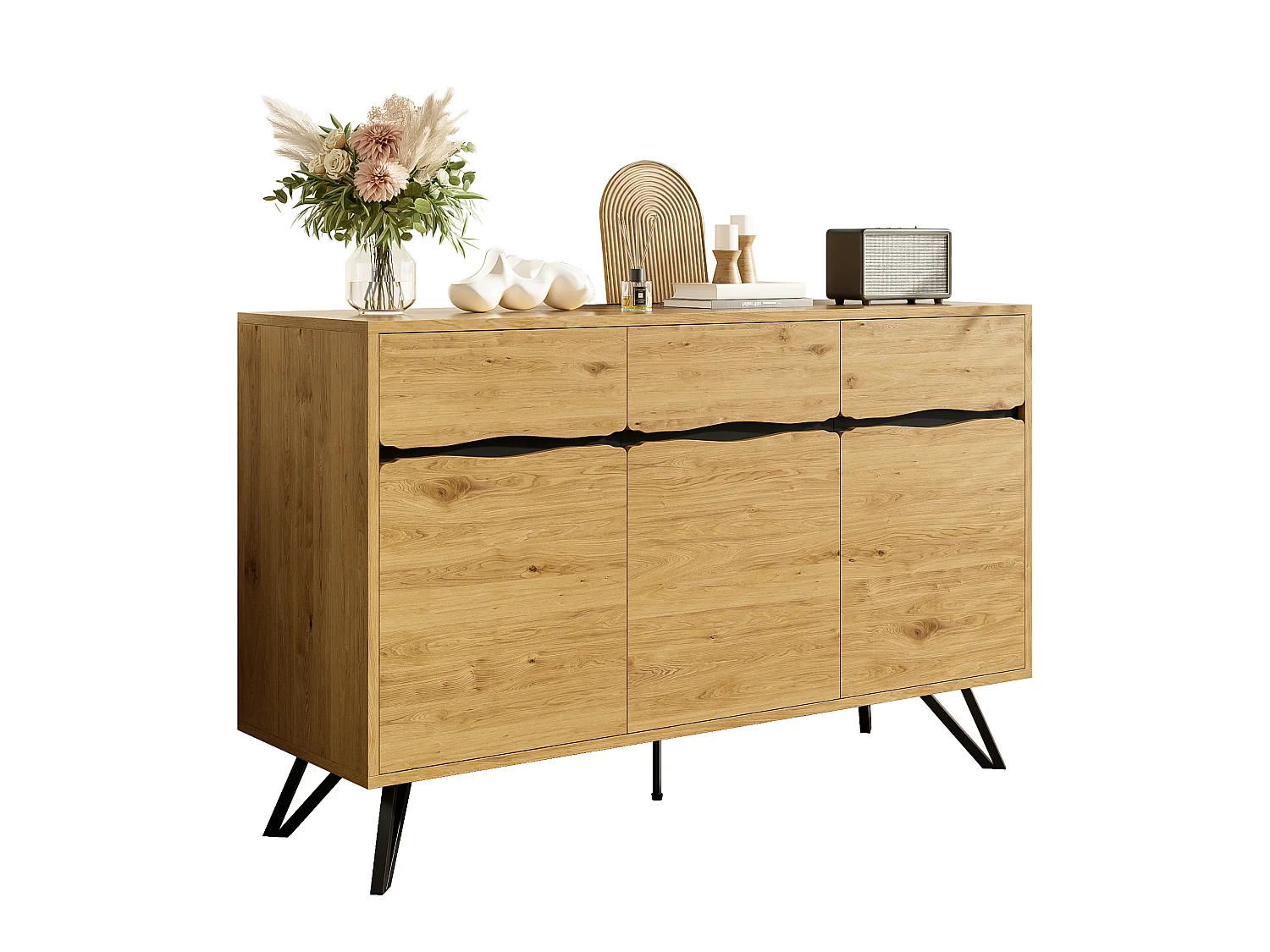 Moderner Buffetschrank 140x40x75,5cm - mit 3 Türen - Holzoberfläche - Metallfüße - Farbe Natur