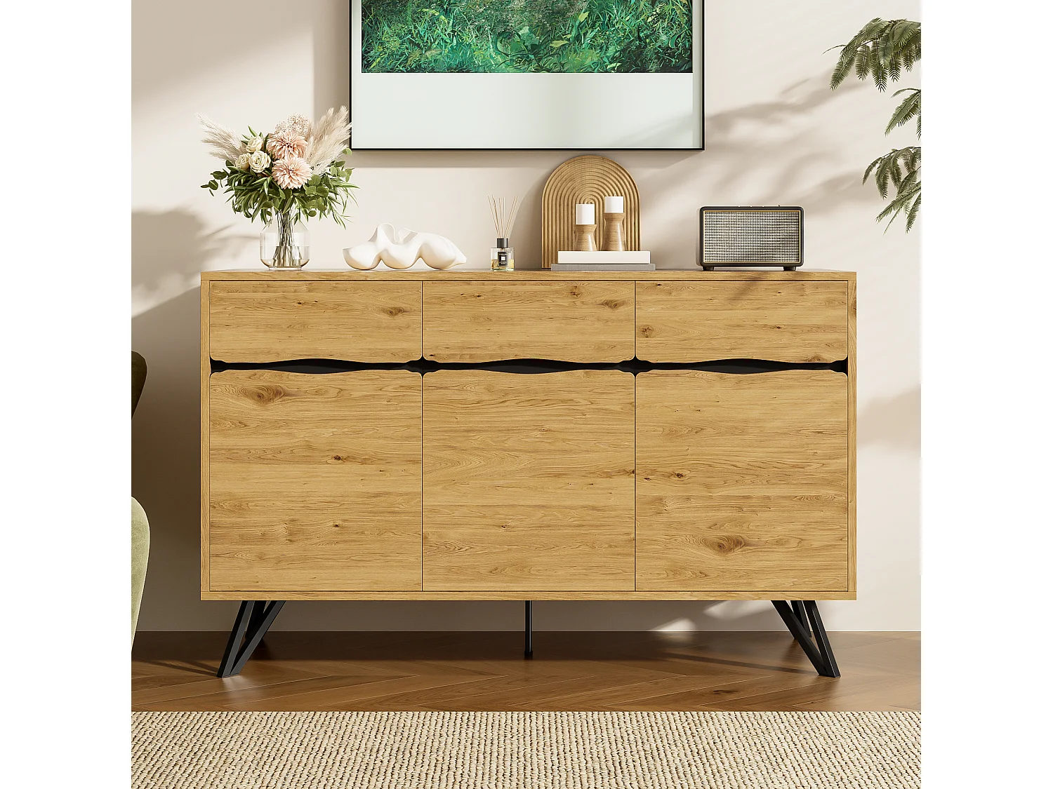 Moderner Buffetschrank 140x40x75,5cm - mit 3 Türen - Holzoberfläche - Metallfüße - Farbe Natur