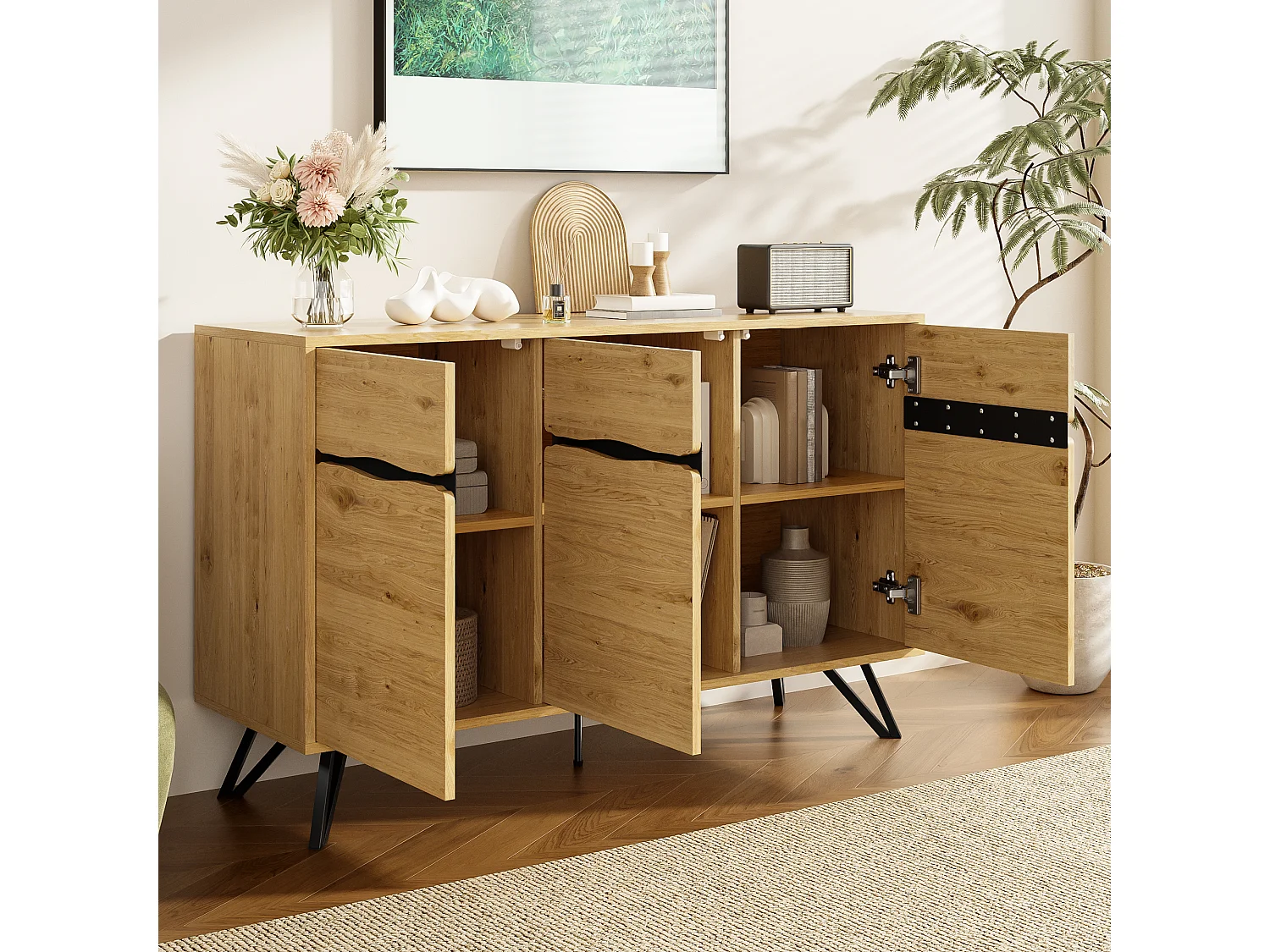 Moderner Buffetschrank 140x40x75,5cm - mit 3 Türen - Holzoberfläche - Metallfüße - Farbe Natur