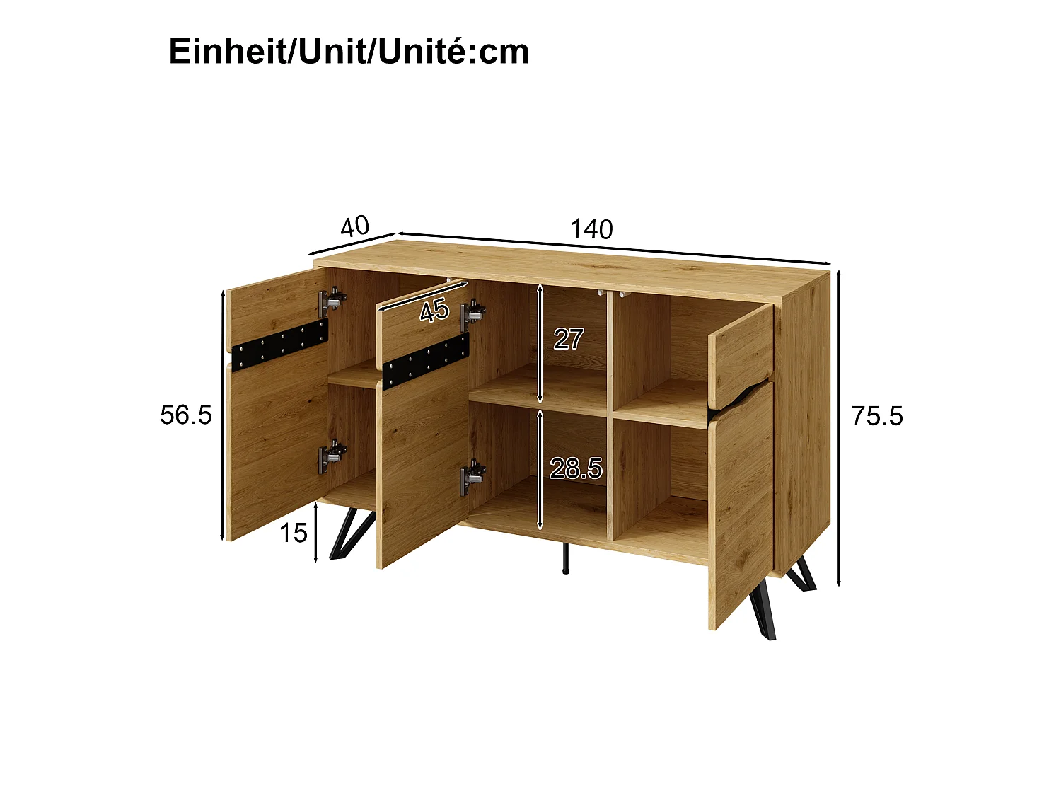 Moderner Buffetschrank 140x40x75,5cm - mit 3 Türen - Holzoberfläche - Metallfüße - Farbe Natur