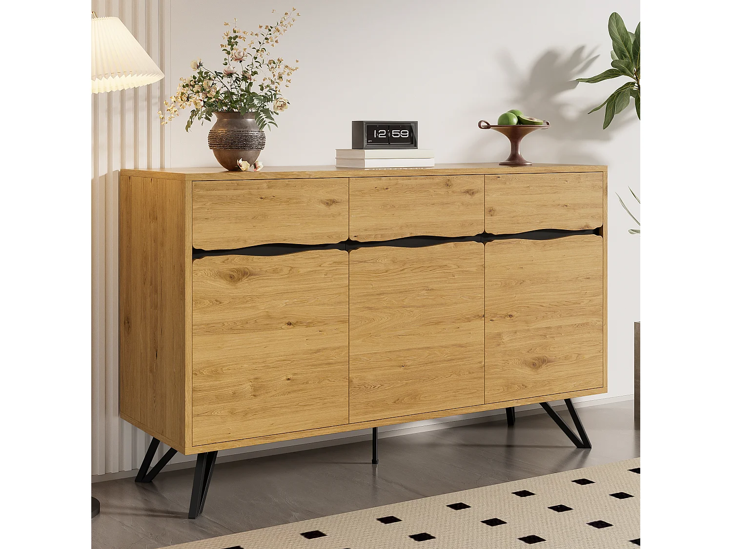 Moderner Buffetschrank 140x40x75,5cm - mit 3 Türen - Holzoberfläche - Metallfüße - Farbe Natur
