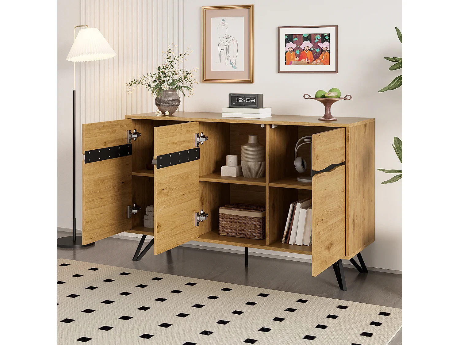 Moderner Buffetschrank 140x40x75,5cm - mit 3 Türen - Holzoberfläche - Metallfüße - Farbe Natur