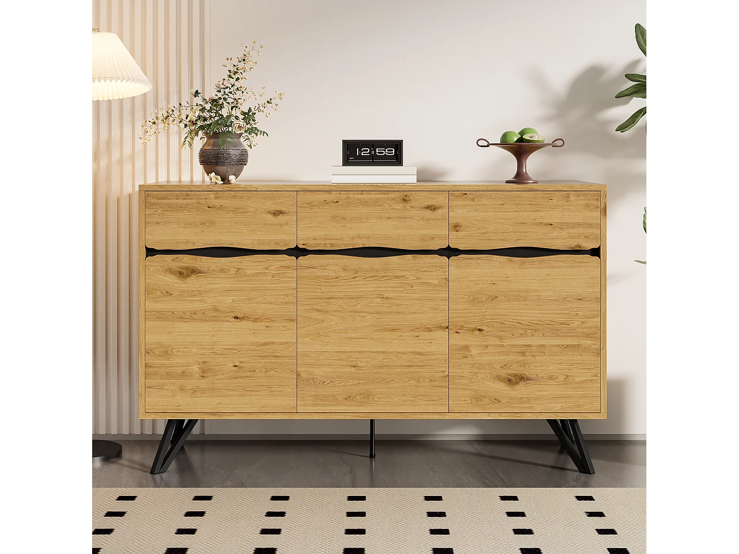 Moderner Buffetschrank 140x40x75,5cm - mit 3 Türen - Holzoberfläche - Metallfüße - Farbe Natur