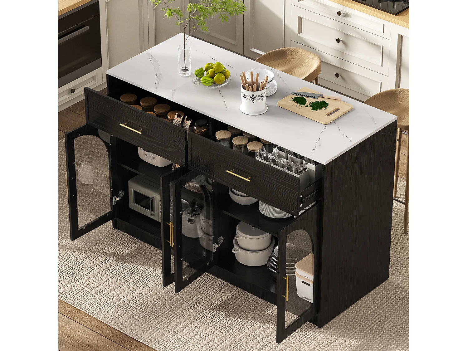 Isla central de cocina - con 4 puertas y 2 cajones - con iluminación LED - estante ajustable - Negro